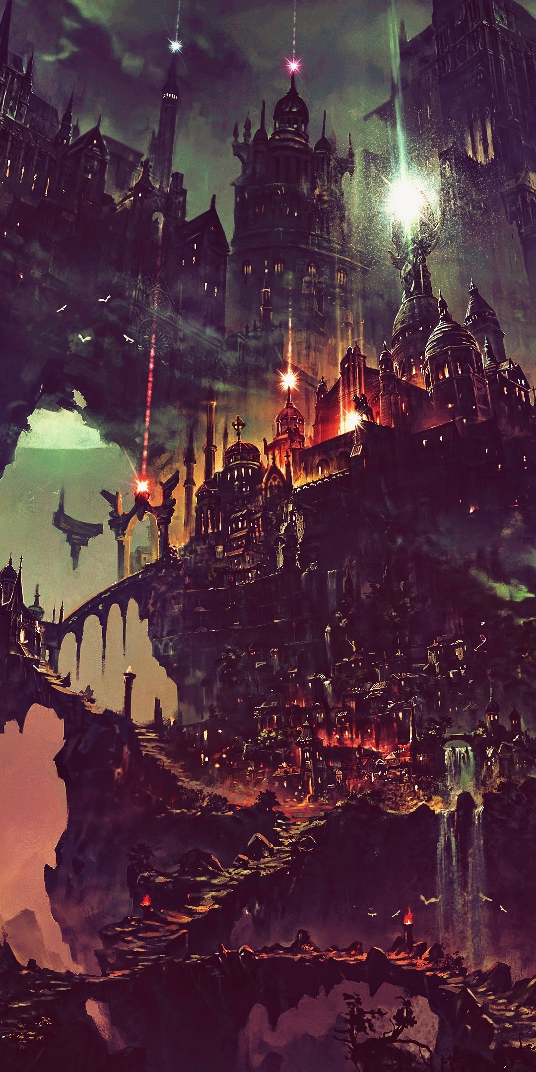 Fantasy, flying city, dark, art, 1080x2160 wallpaper