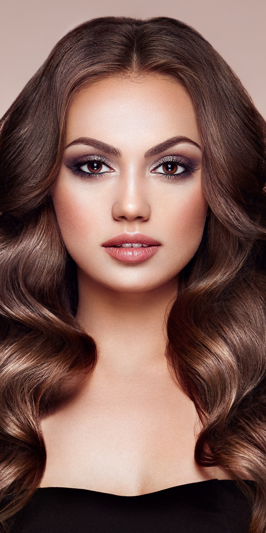 Woman model, curly hair, makeup, brunette, 1080x2160 wallpaper