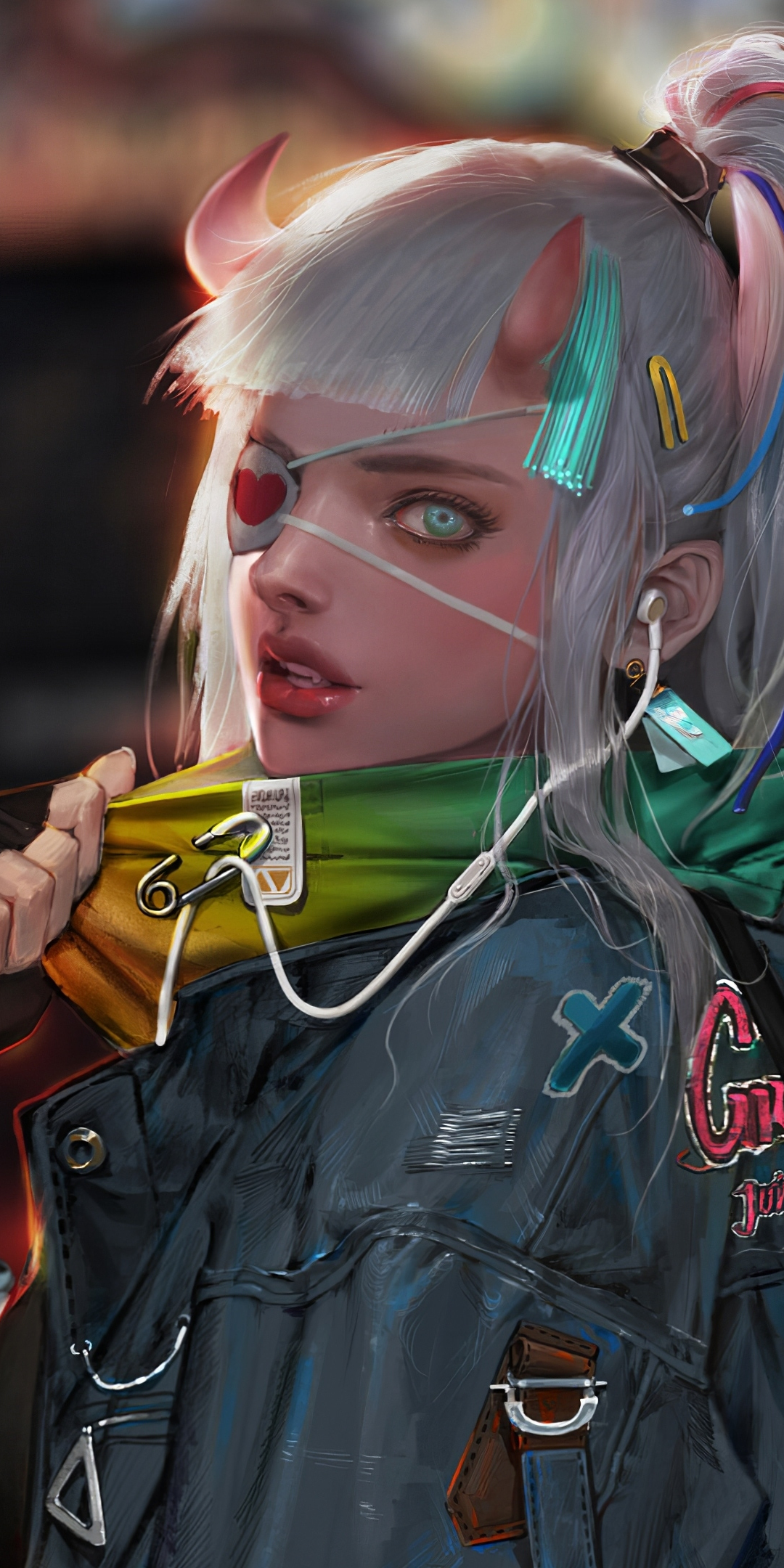 Devil girl, cyberpunk, girl warrior, art, 1080x2160 wallpaper