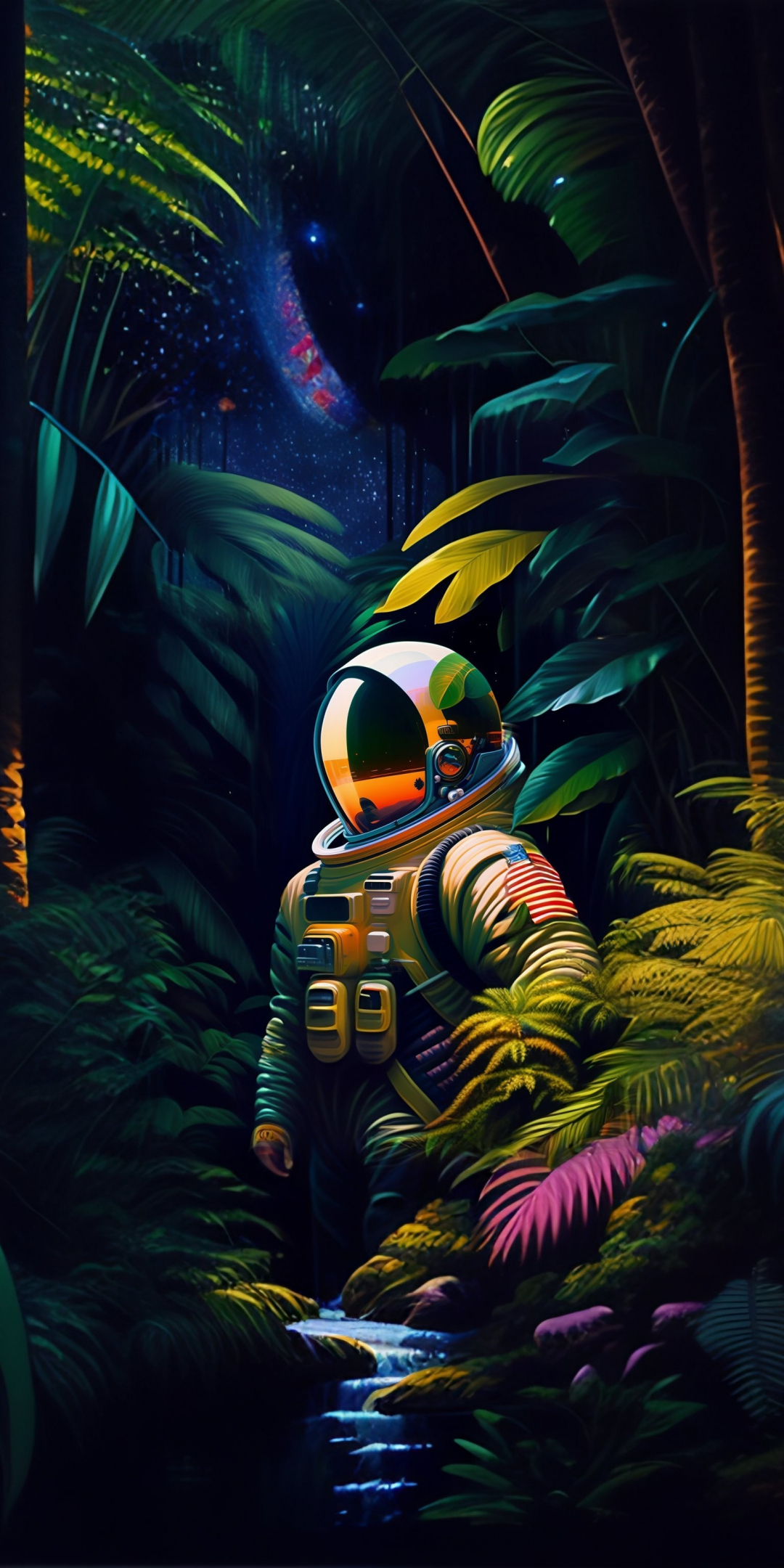 Astronaut in deep forest, AI art, 1080x2160 wallpaper