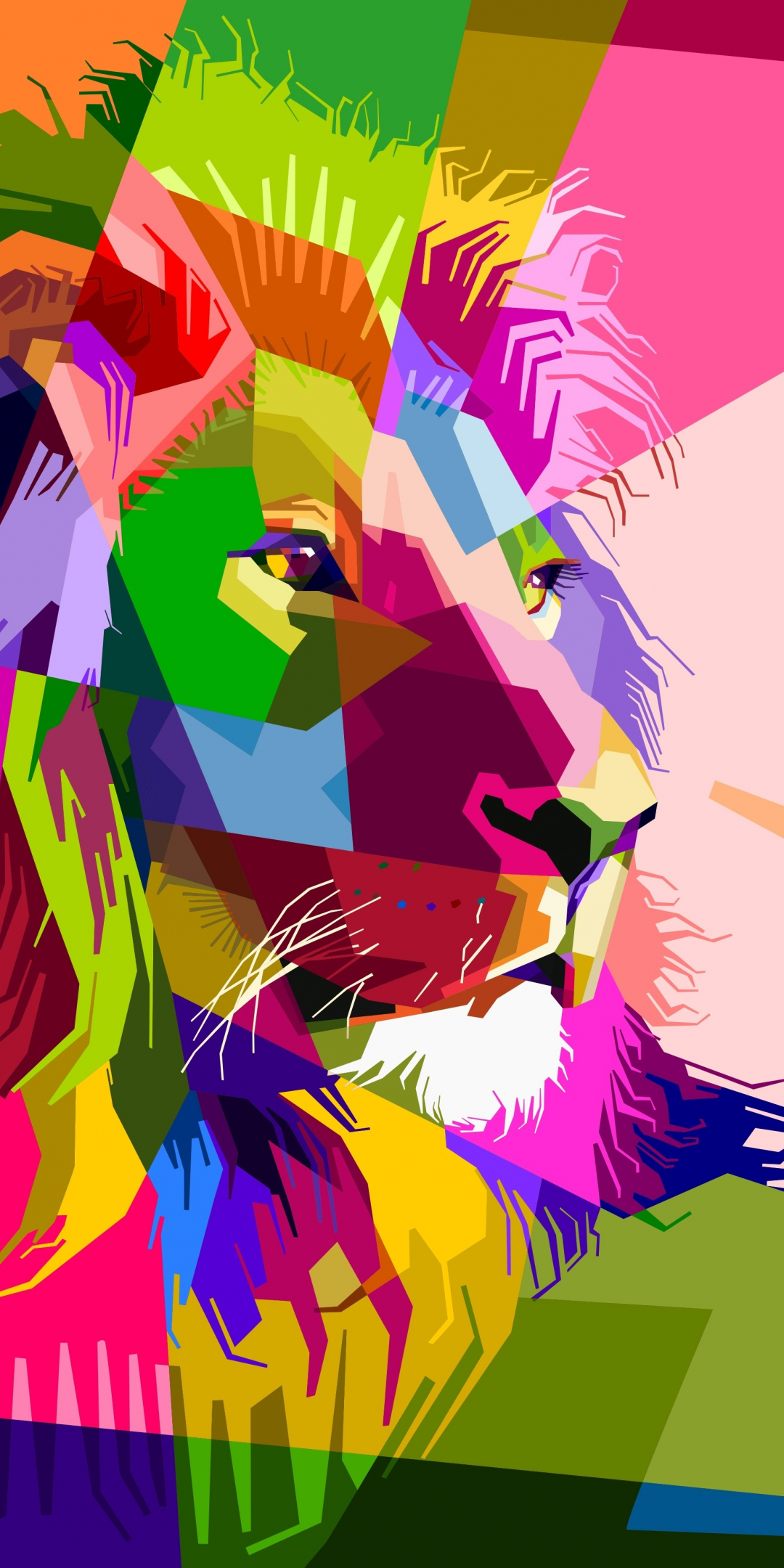 Lion, multicolor, geometry, muzzle, abstract, digital art, 1080x2160 wallpaper