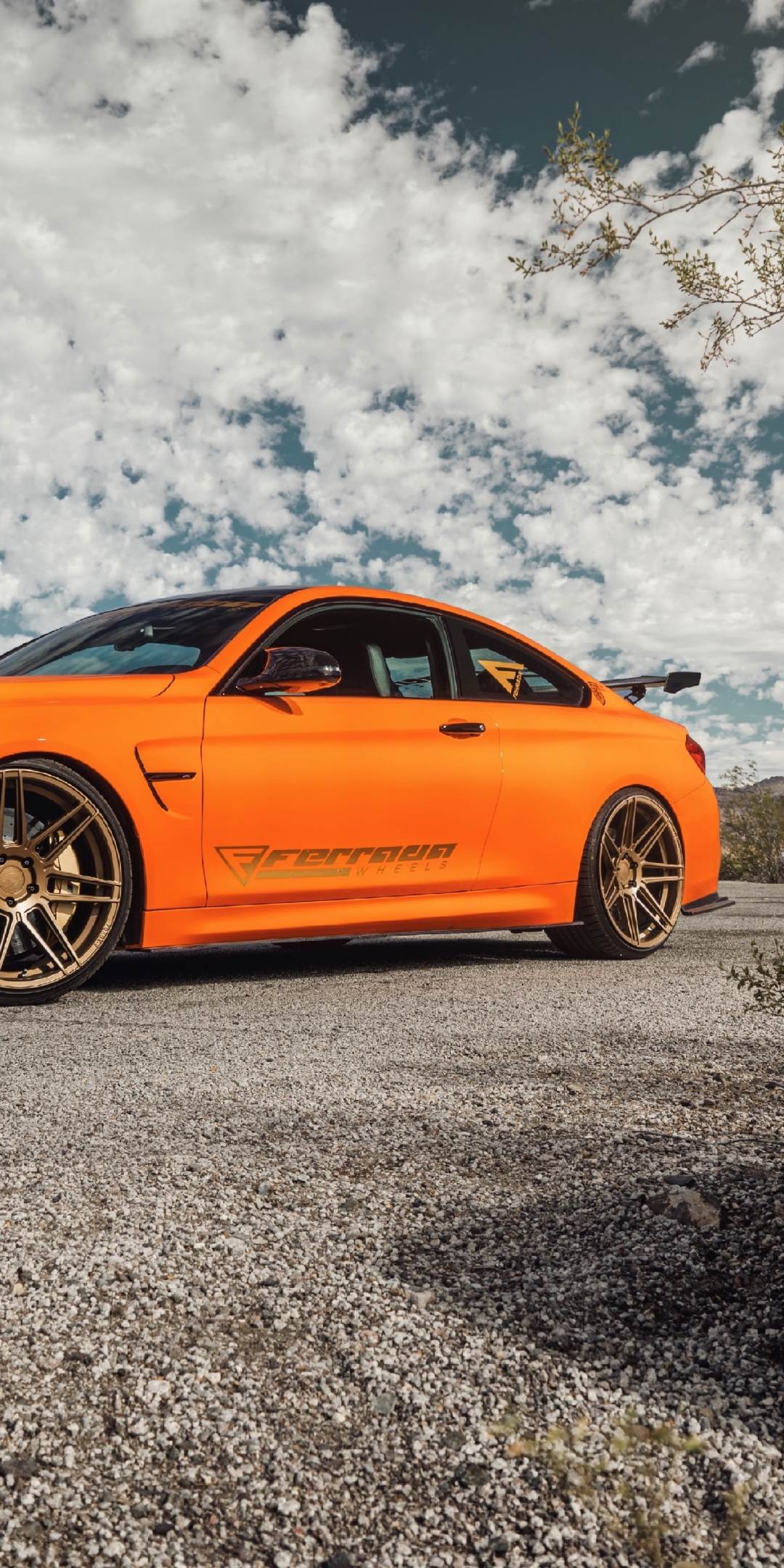 BMW M4, orange car, side view, 1080x2160 wallpaper