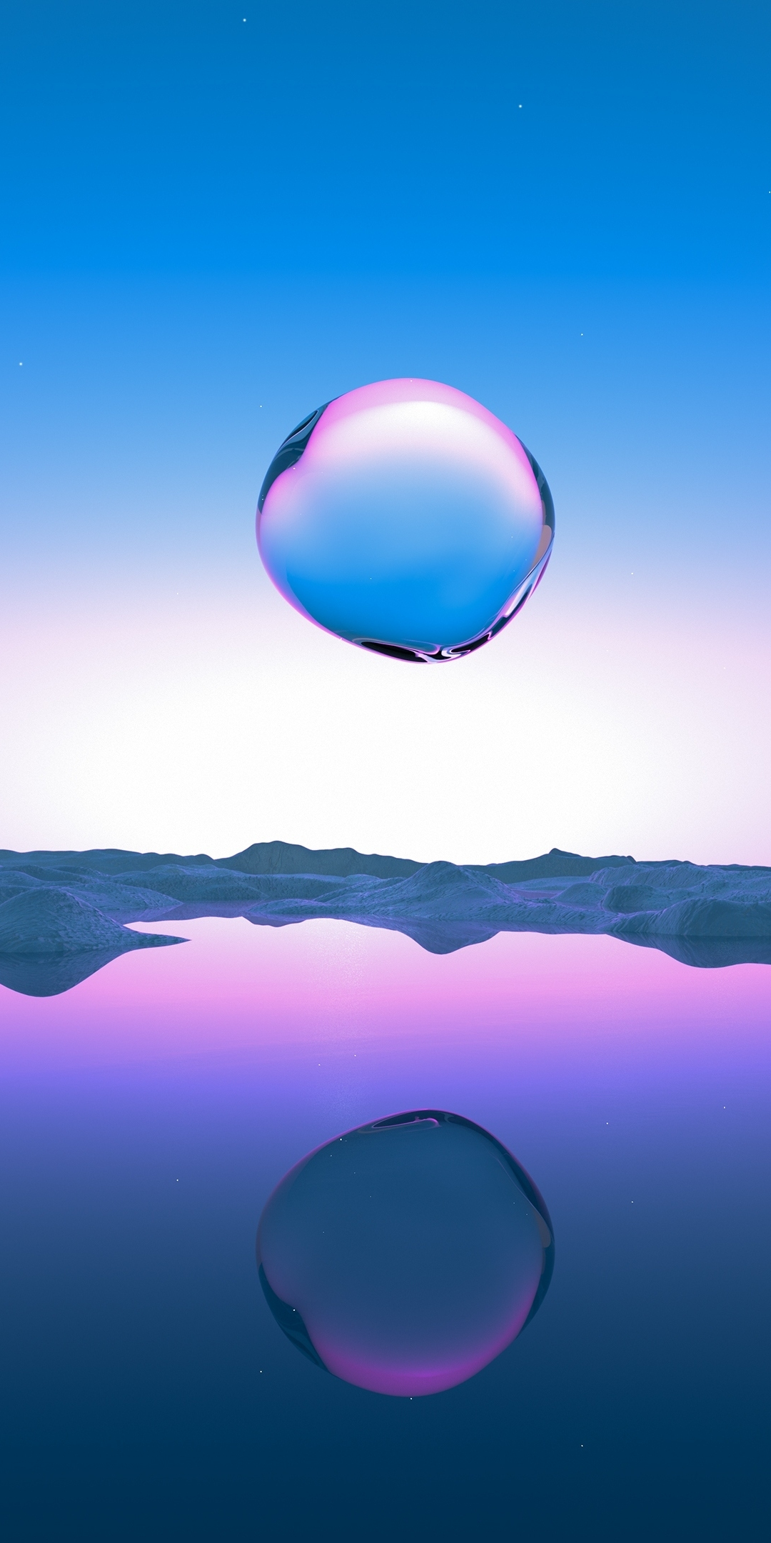 Droplet, sunrise, lake, pink-blue clear sky, artwork, 1080x2160 wallpaper
