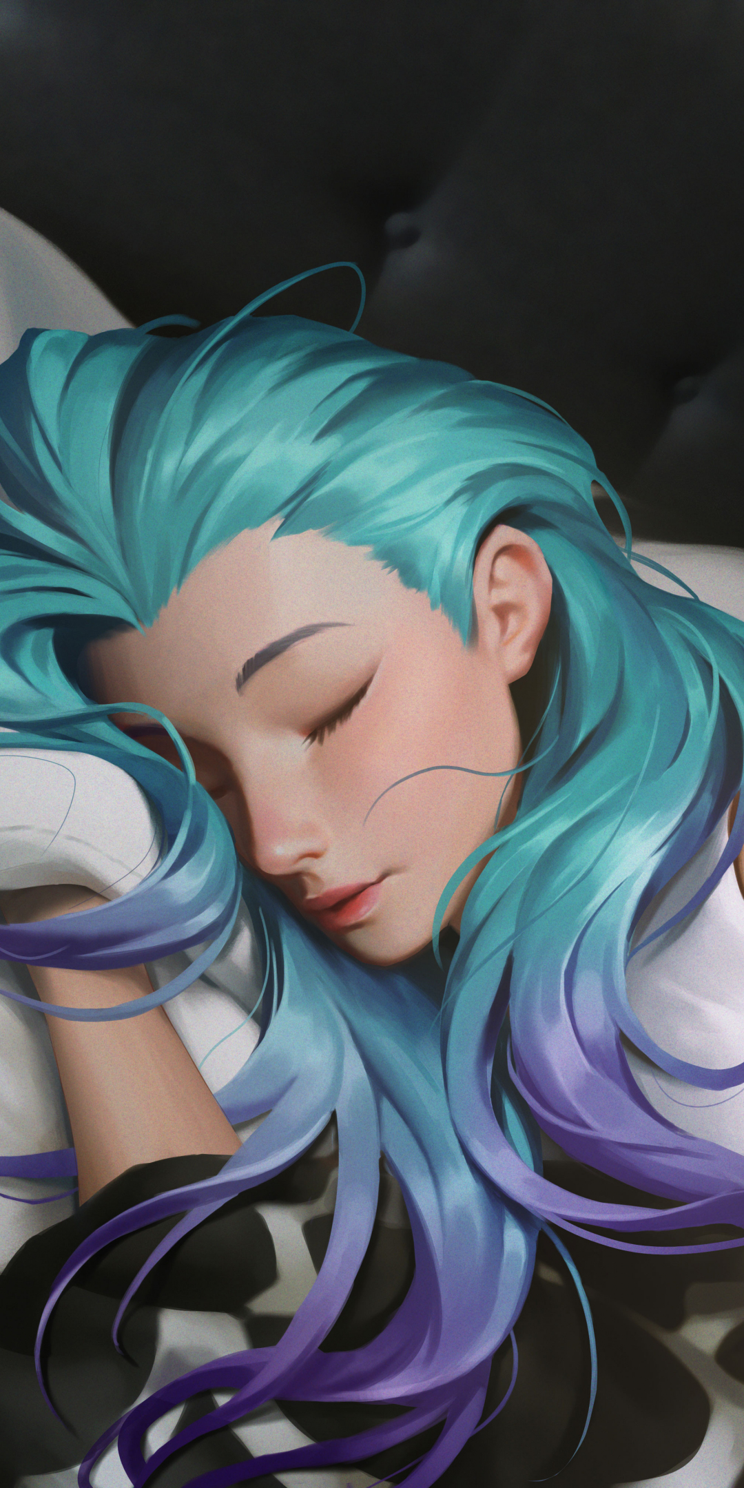Blue hair girl, sleeping, original, art, 1080x2160 wallpaper
