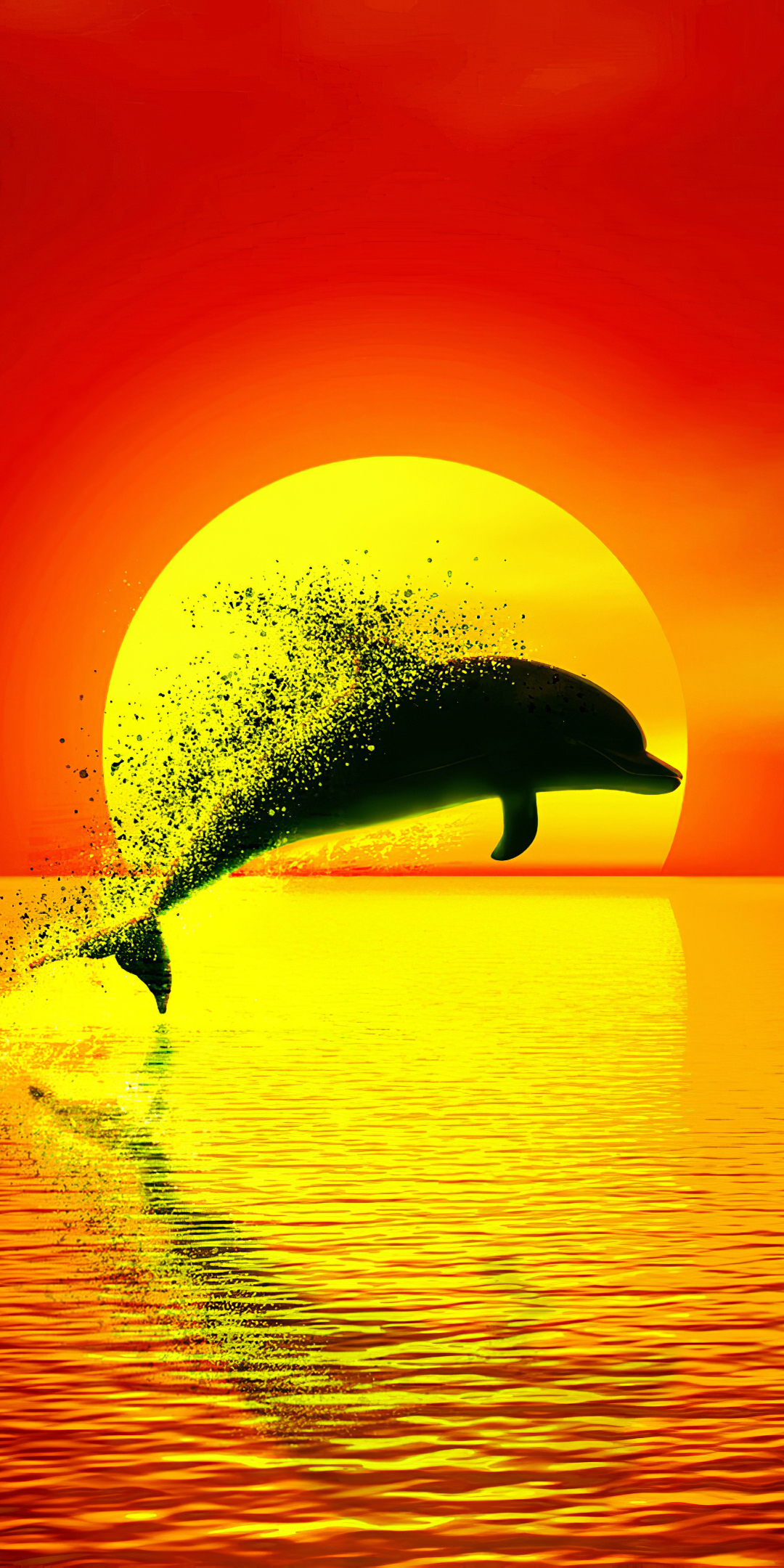 Dolphin, dispersion, sunset, seascape, art, 1080x2160 wallpaper