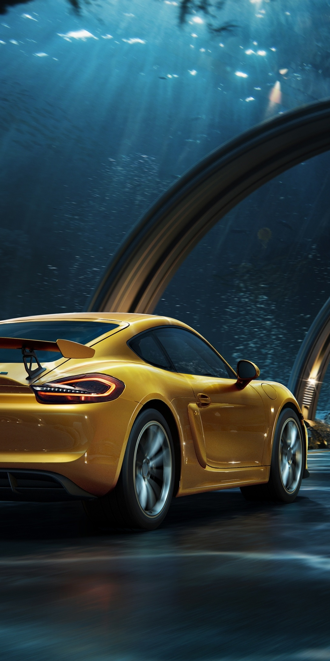 Porsche, yellow, digital photography, tunnel, 1080x2160 wallpaper