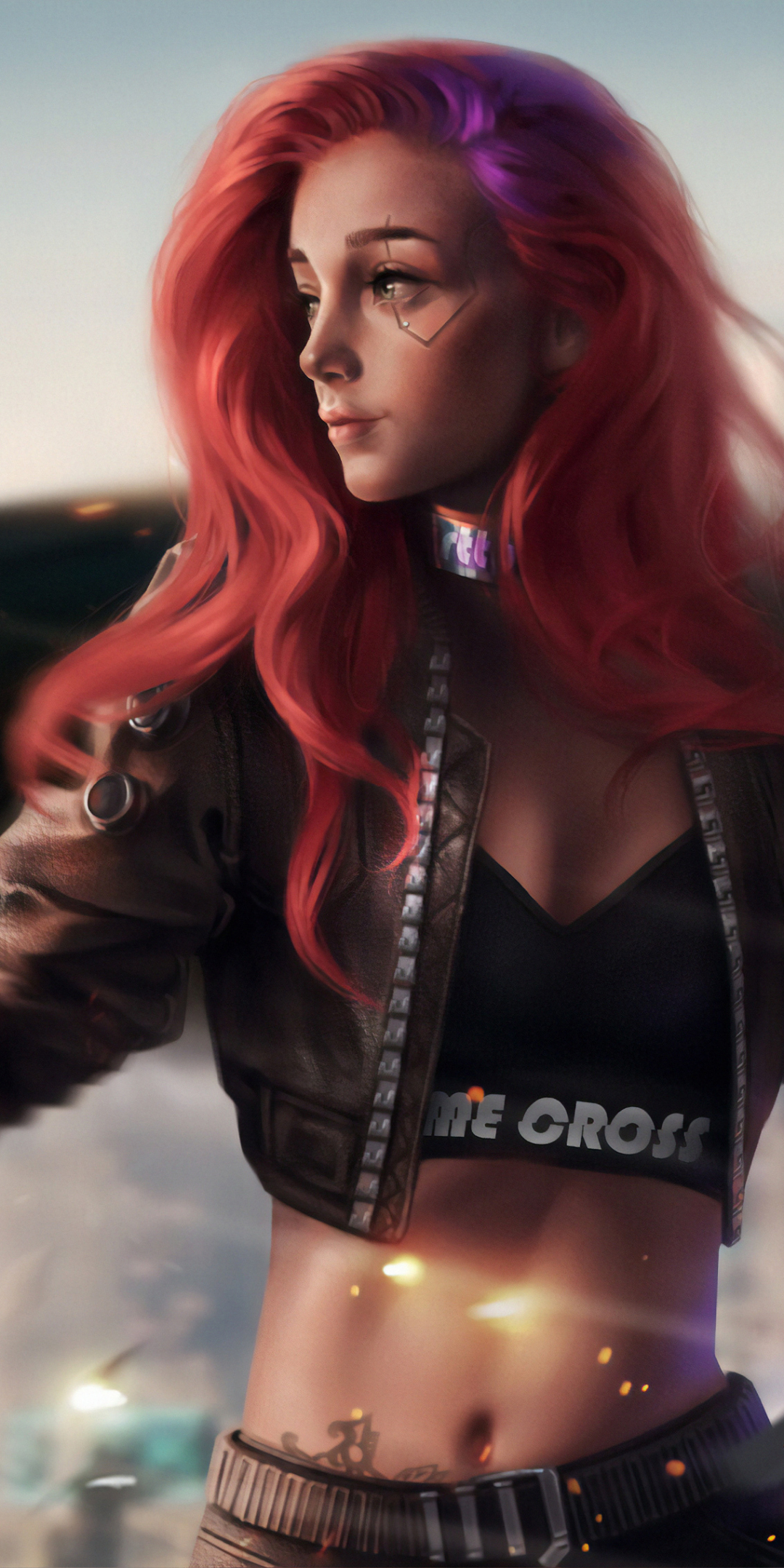 Cyberpunk 2077, redhead woman, art, 1080x2160 wallpaper