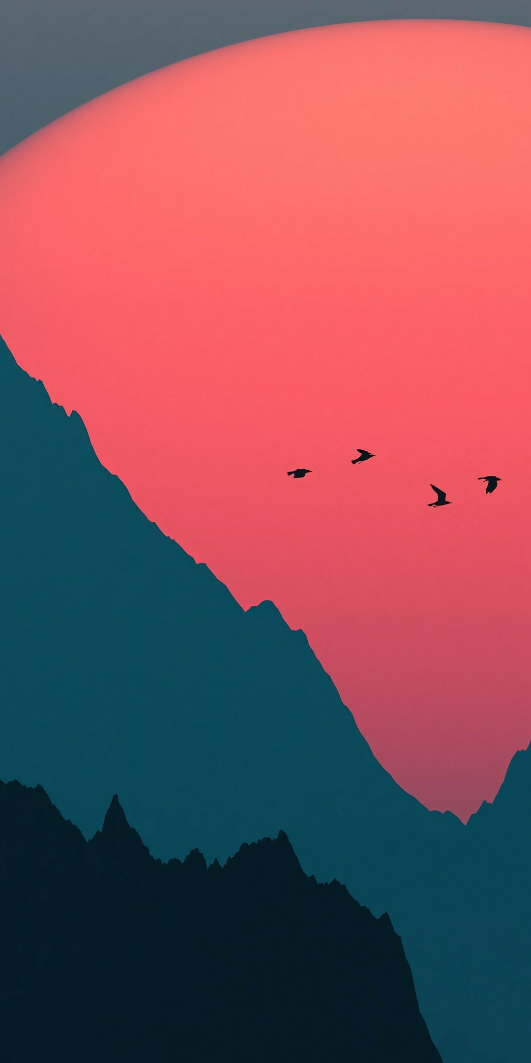 Sunset, mountains and birds, big sun, silhouette, dark, 1080x2160 wallpaper