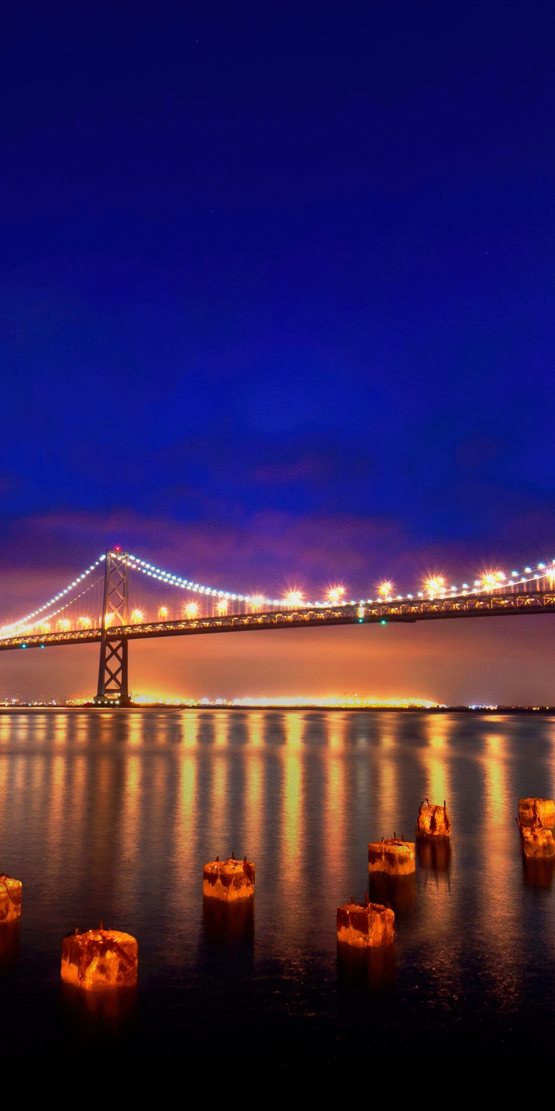 San Francisco, Oakland bay, bridge, night, reflections, 1080x2160 wallpaper