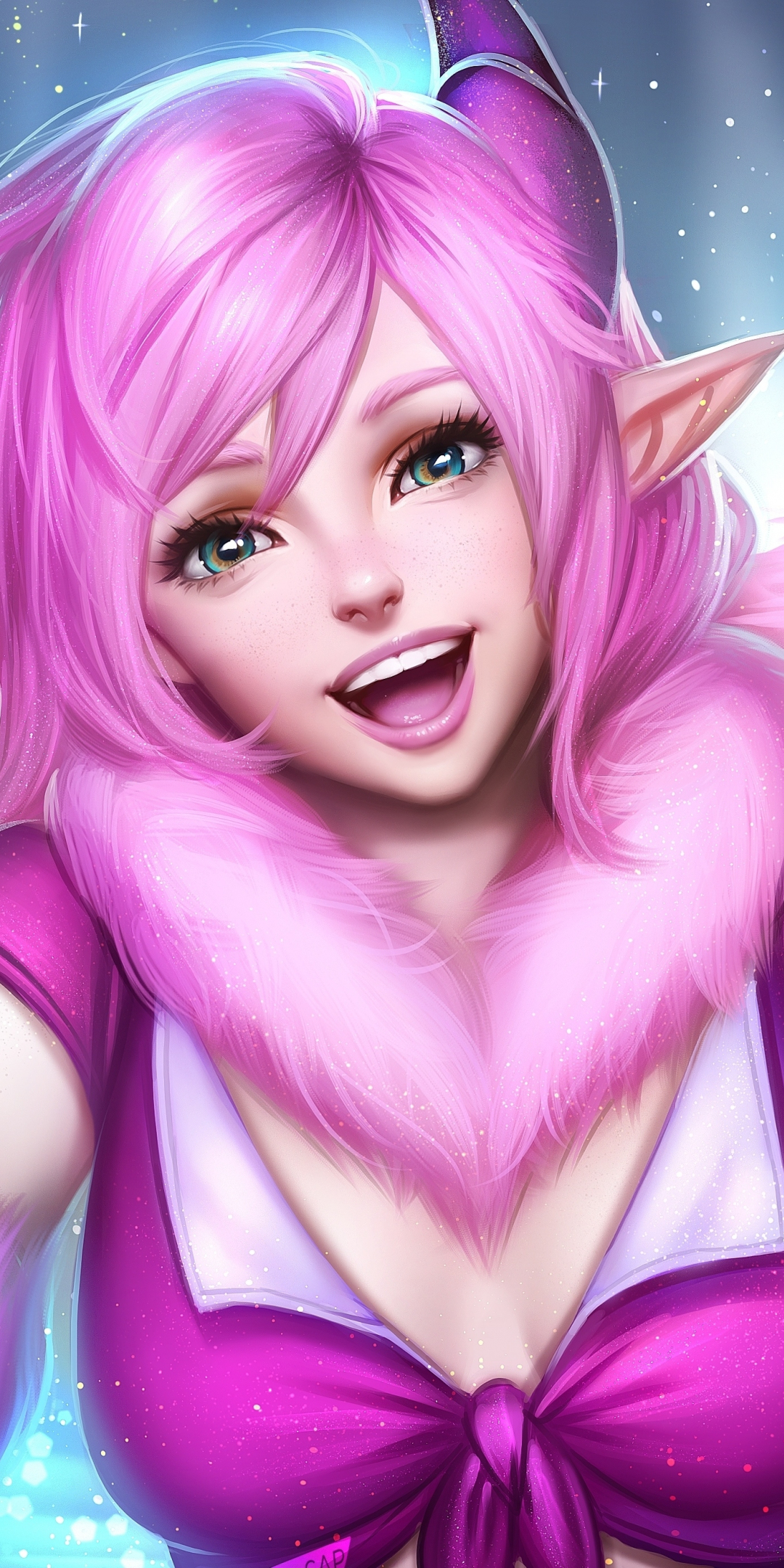 Pink hair, elf girl, smile, pretty, original, art, 1080x2160 wallpaper