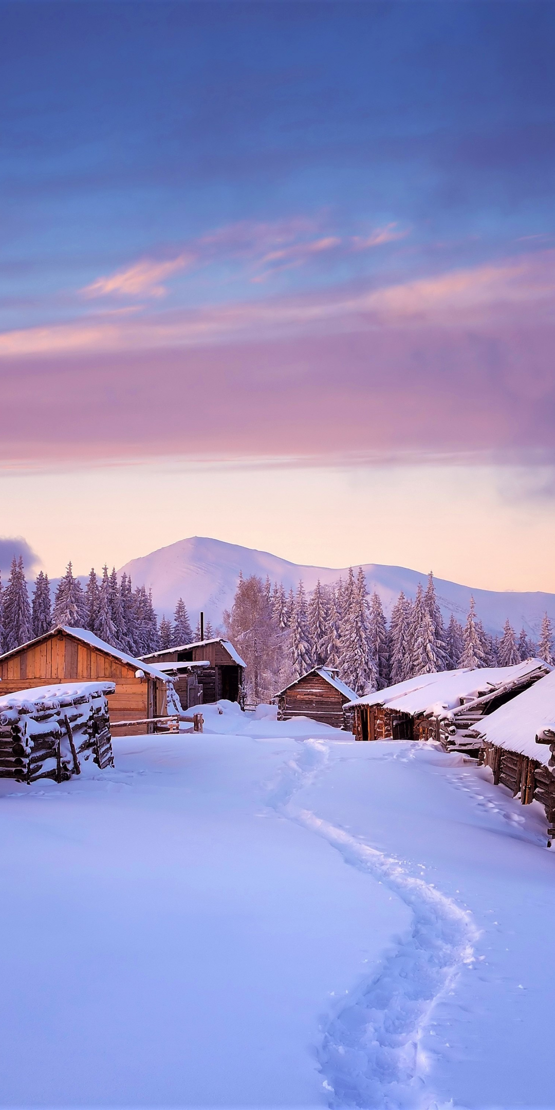 Houses, winter, landscape, sunset, 1080x2160 wallpaper