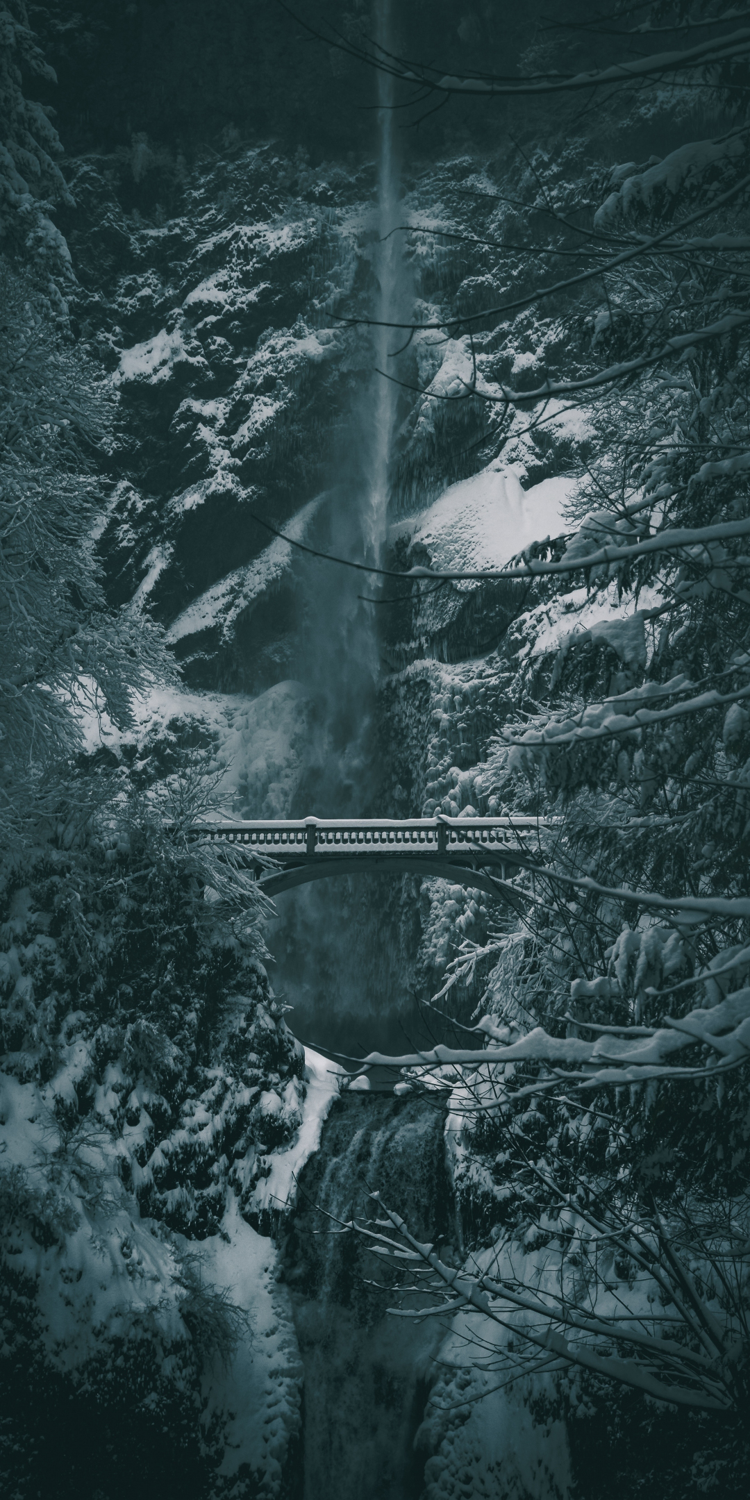 Winter, bridge, waterfall, snowfall, 1080x2160 wallpaper