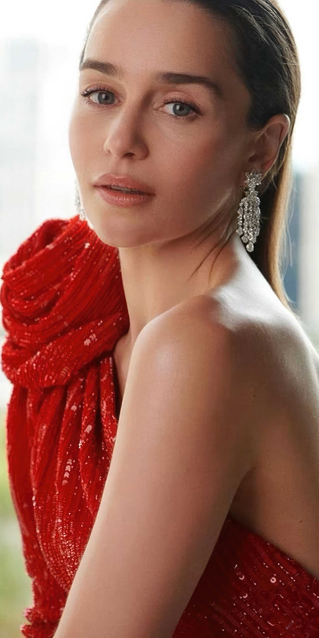 Emilia Clarke in red dress, Harpers Bazaar, 2023, 1080x2160 wallpaper