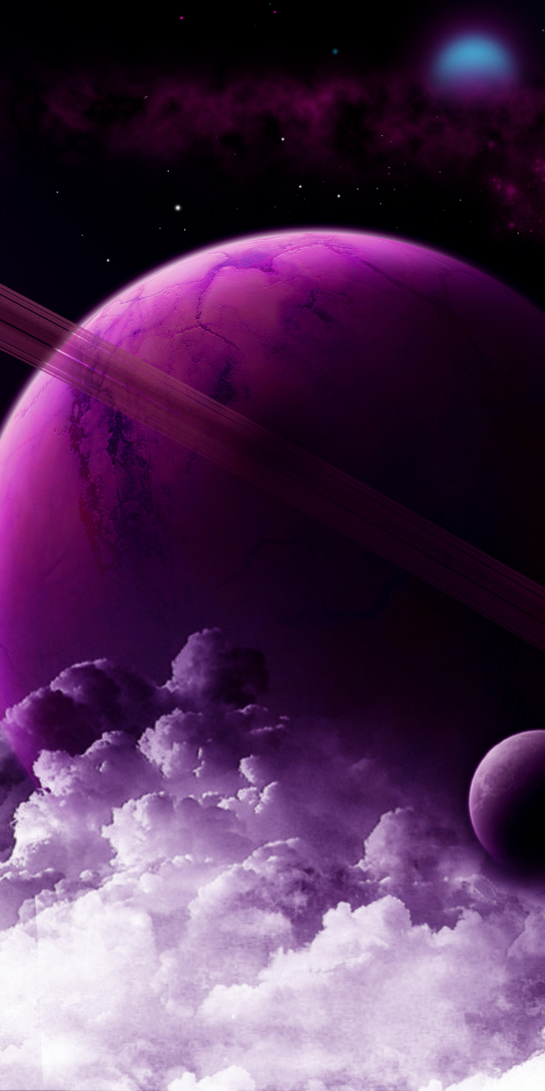 Planet ring, purple clouds, fantasy, space, art, 1080x2160 wallpaper