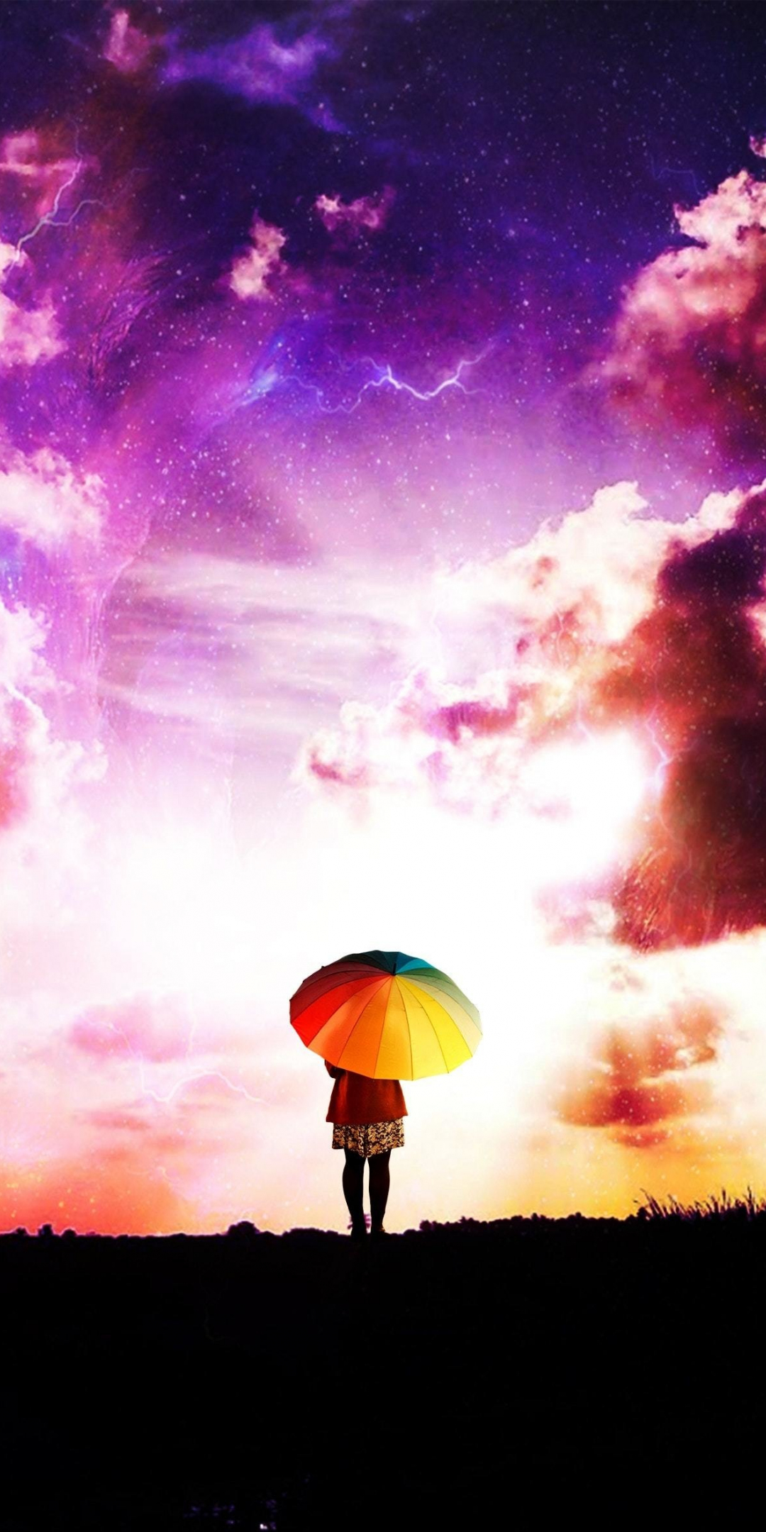 Person, outdoor, umbrella, clouds, 1080x2160 wallpaper