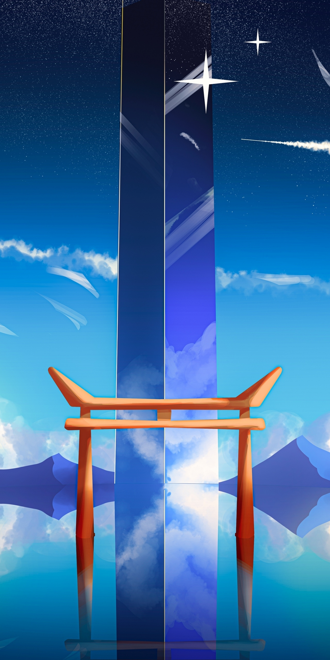 Gate, lake and mountains, reflections, anime, original, 1080x2160 wallpaper