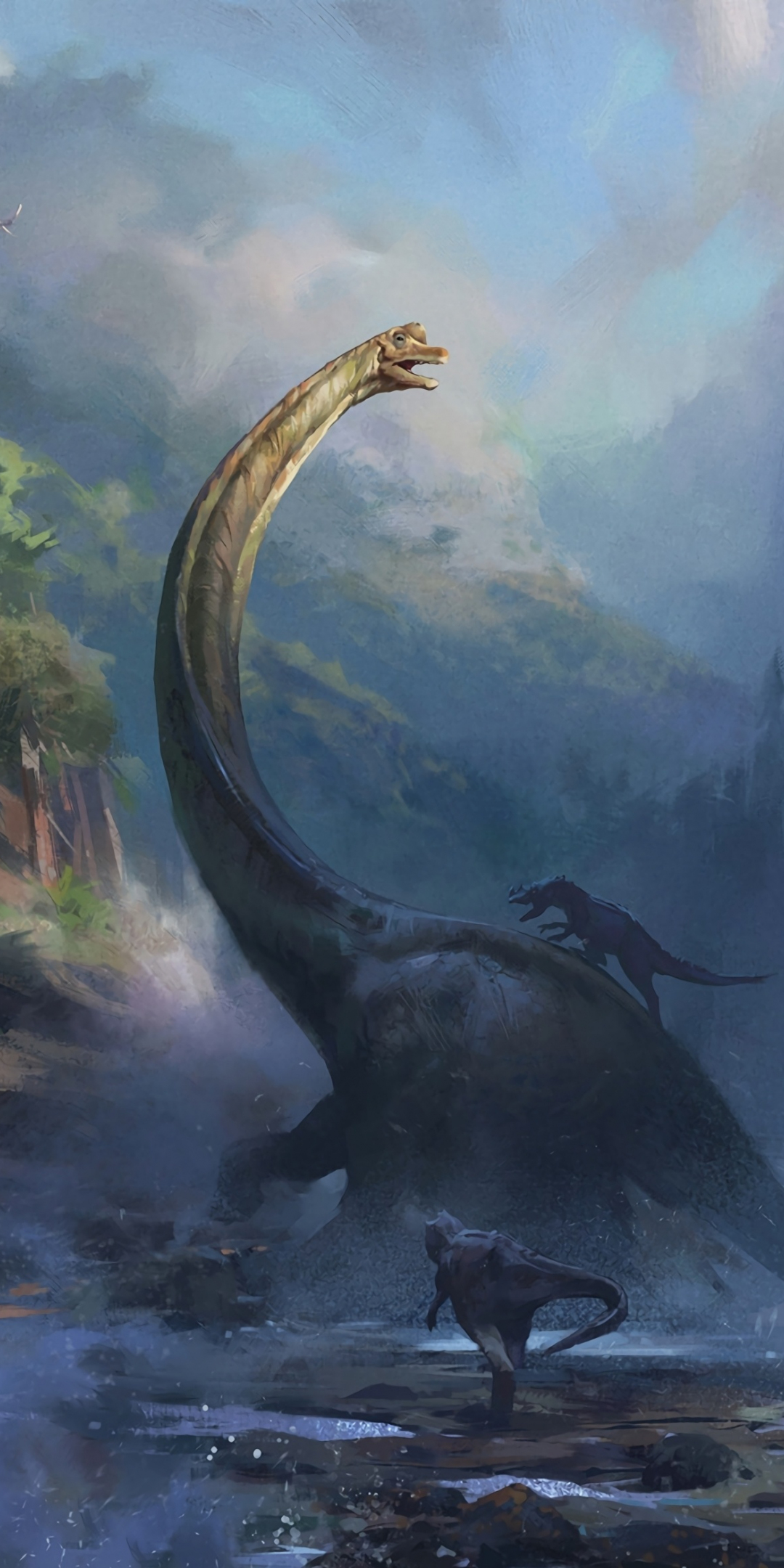 Dinosaur age, Fantasy, fight, artwork, 1080x2160 wallpaper