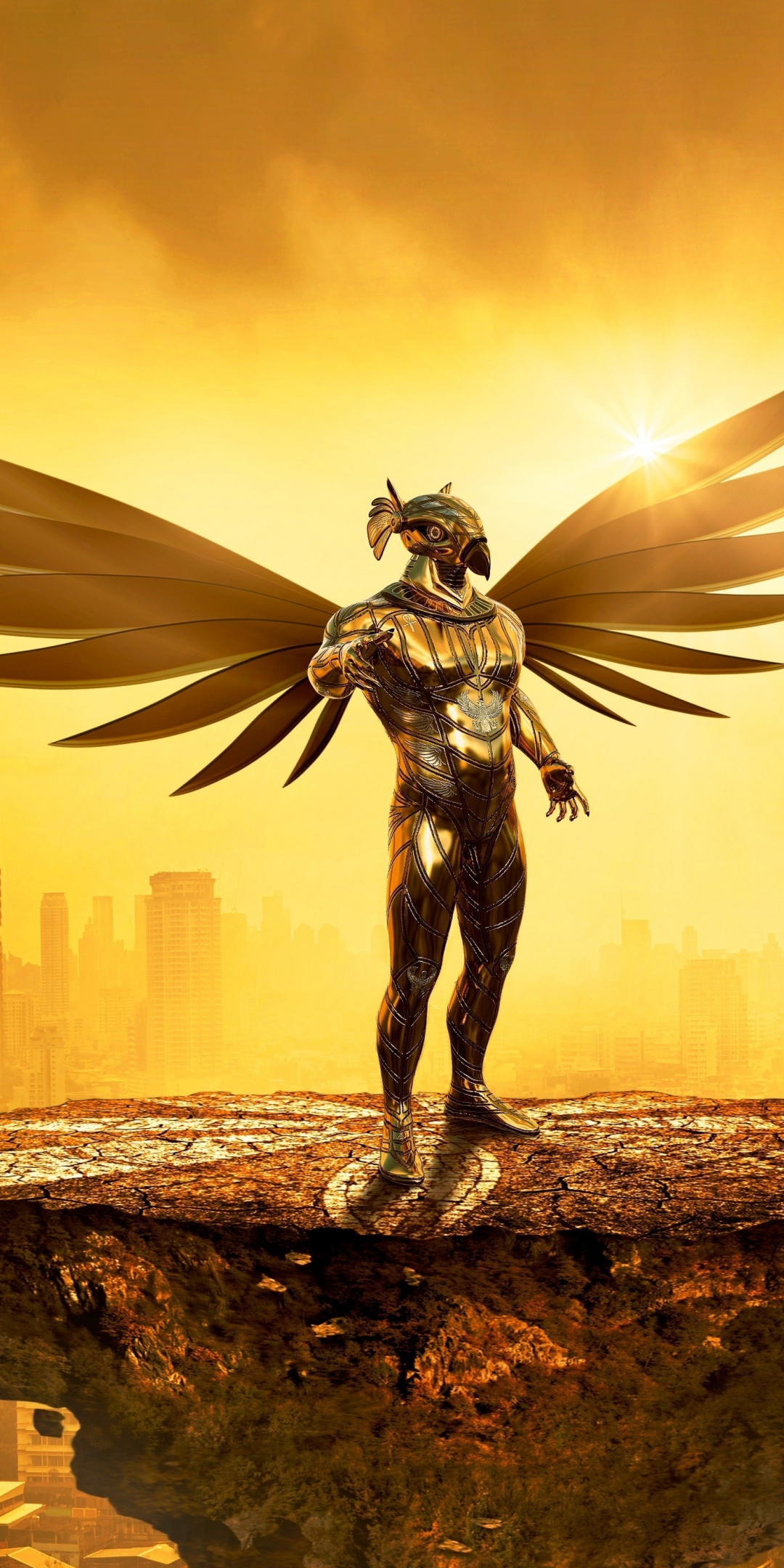 Fantasy, angel, golden, cityscape, digital art, 1080x2160 wallpaper