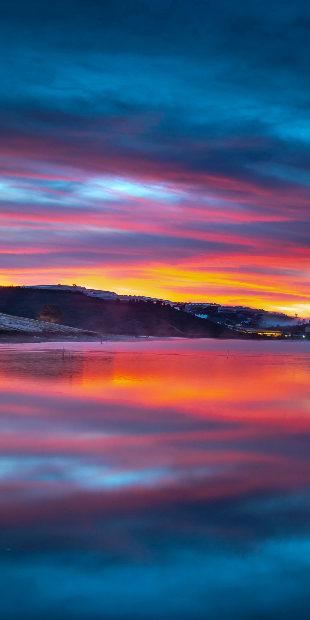 Lake, reflections, sunset, clouds, nature, 1080x2160 wallpaper