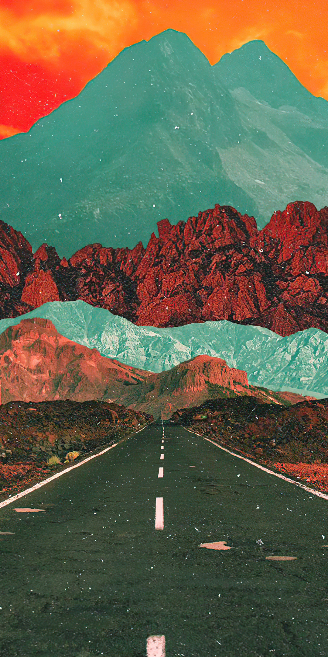 Lone road and mountains, AI art, 1080x2160 wallpaper