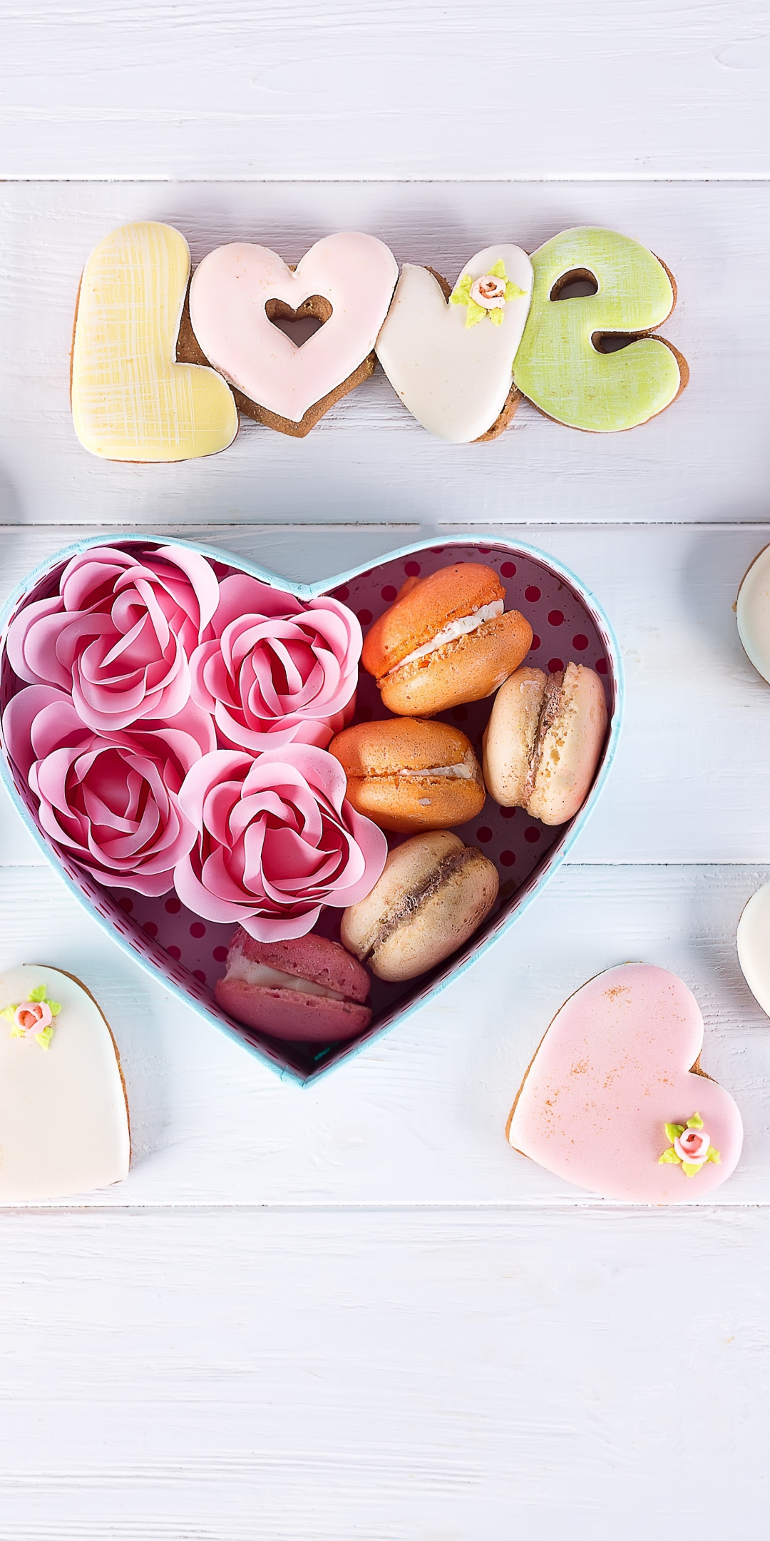 Rose, heart shape, cookies, macaron, 1080x2160 wallpaper