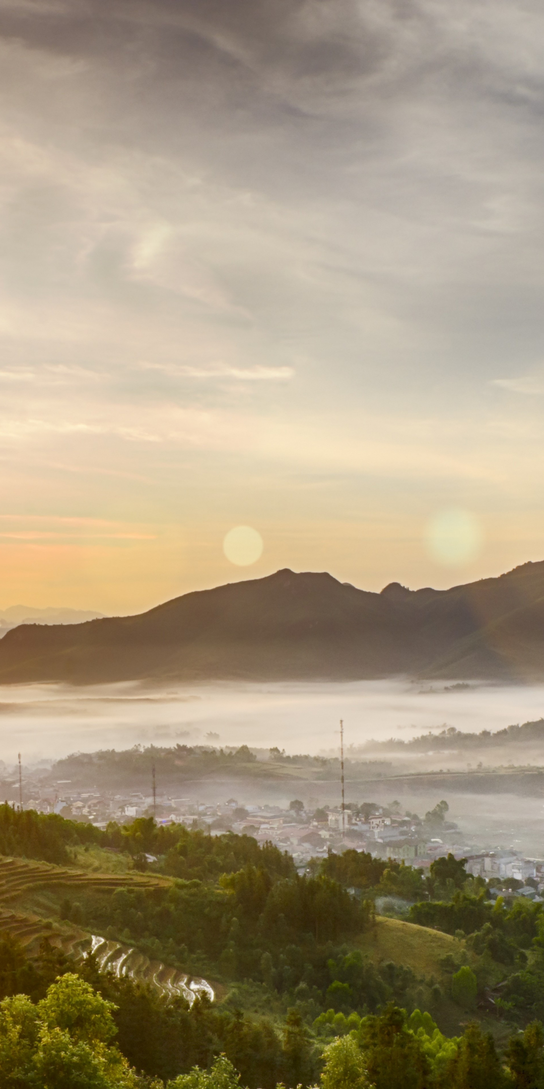 Sunrise, small city, town, fog, mountains, horizon, aerial view, 1080x2160 wallpaper