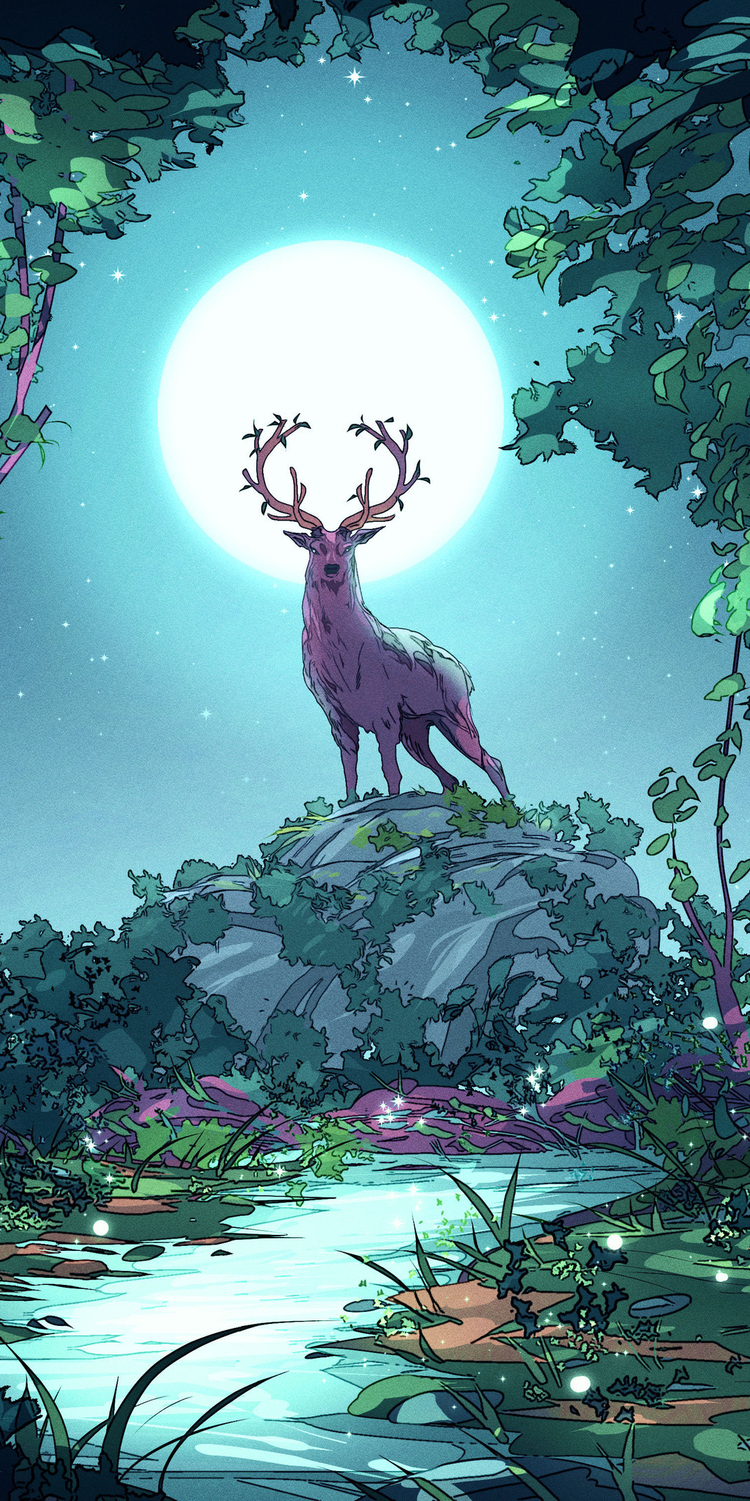 Deer at forest, moon night, art, 1080x2160 wallpaper