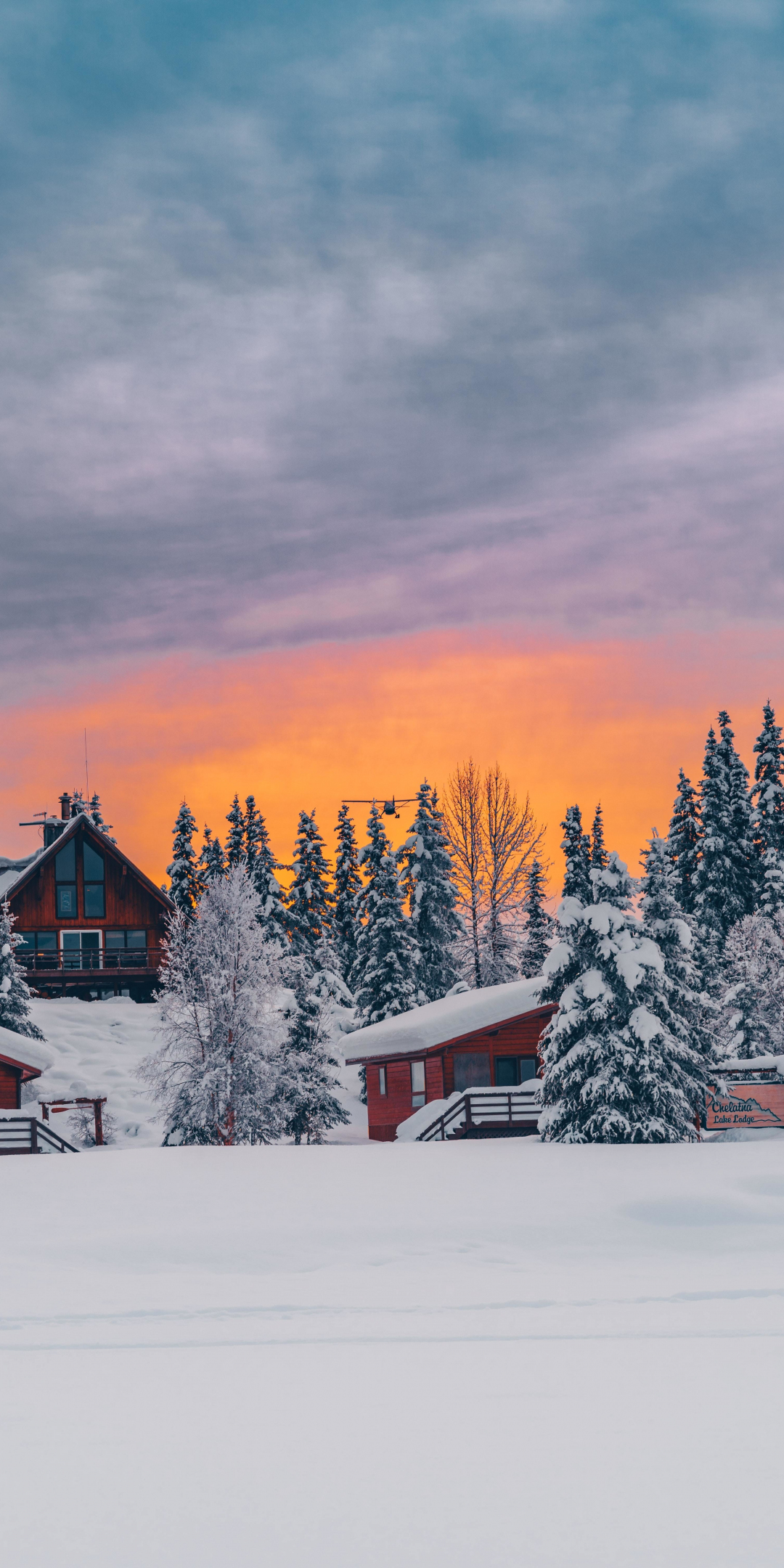 Houses, winter, golden glow, sunset, 1080x2160 wallpaper