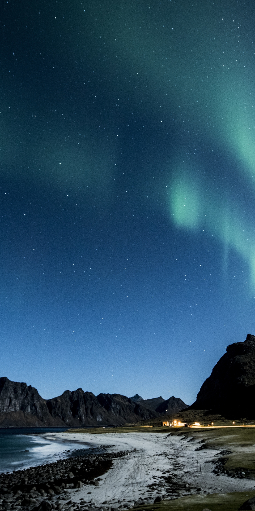 Aurora Borealis, landscape, green lights, sky, 1080x2160 wallpaper