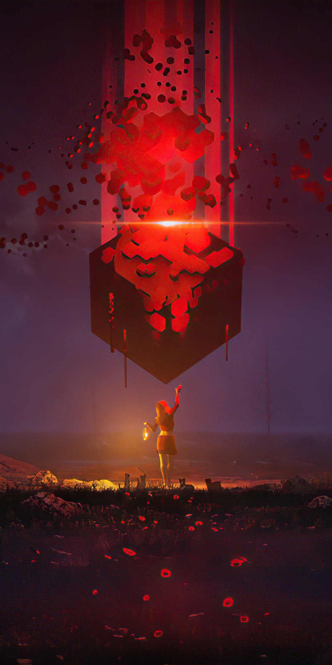 Red cube and woman, fantasy, 1080x2160 wallpaper