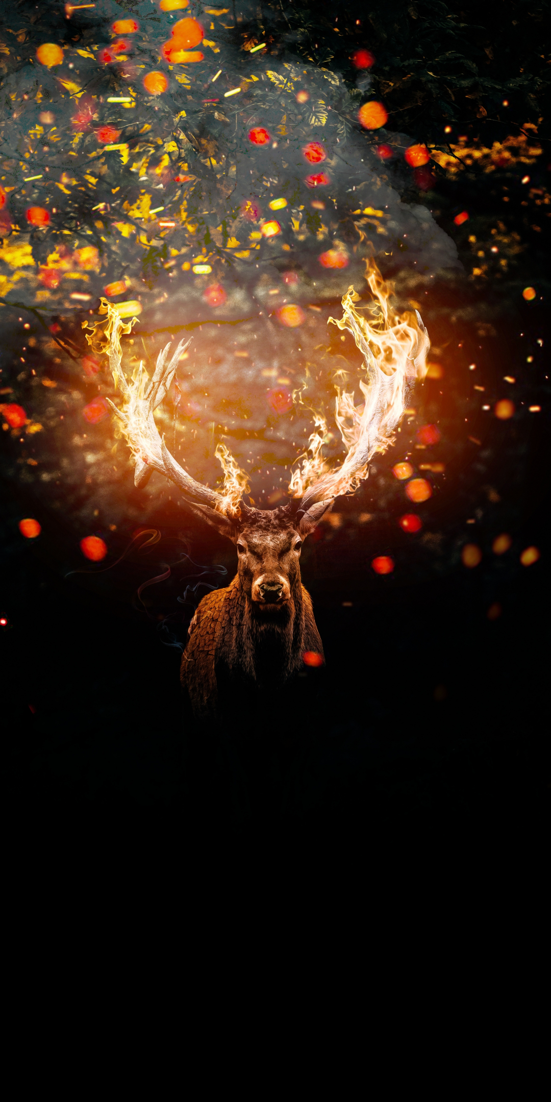 Deer, horns on fire, muzzle, art, 1080x2160 wallpaper