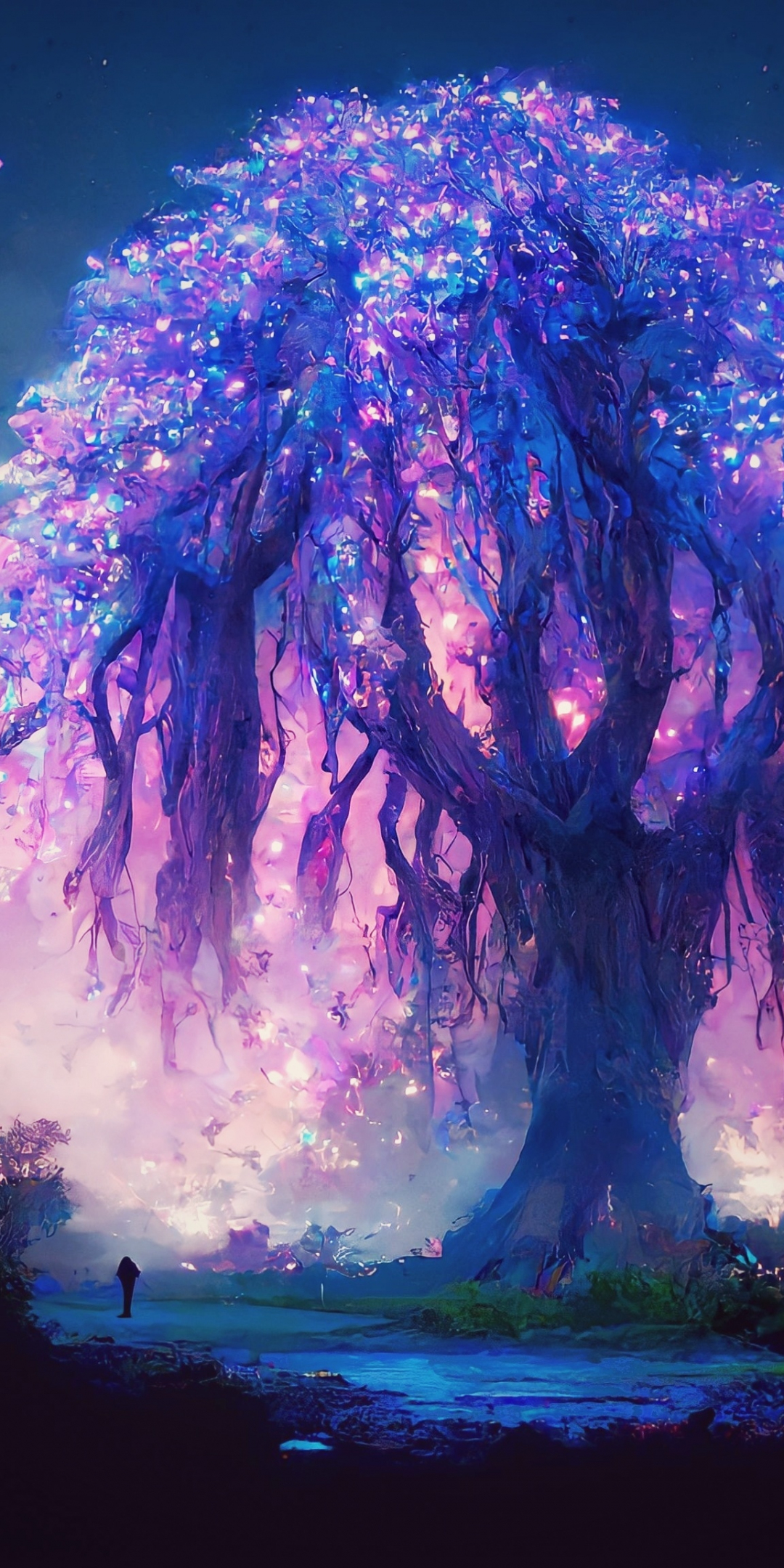 Night, violet tree, fantasy, 1080x2160 wallpaper