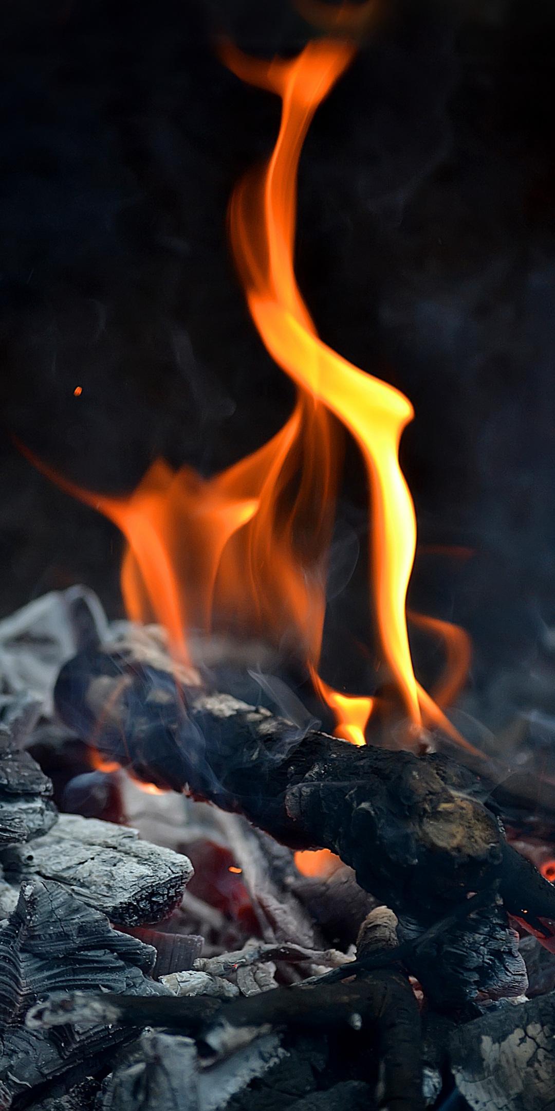Wood fire, flame, smoke, close up, 1080x2160 wallpaper