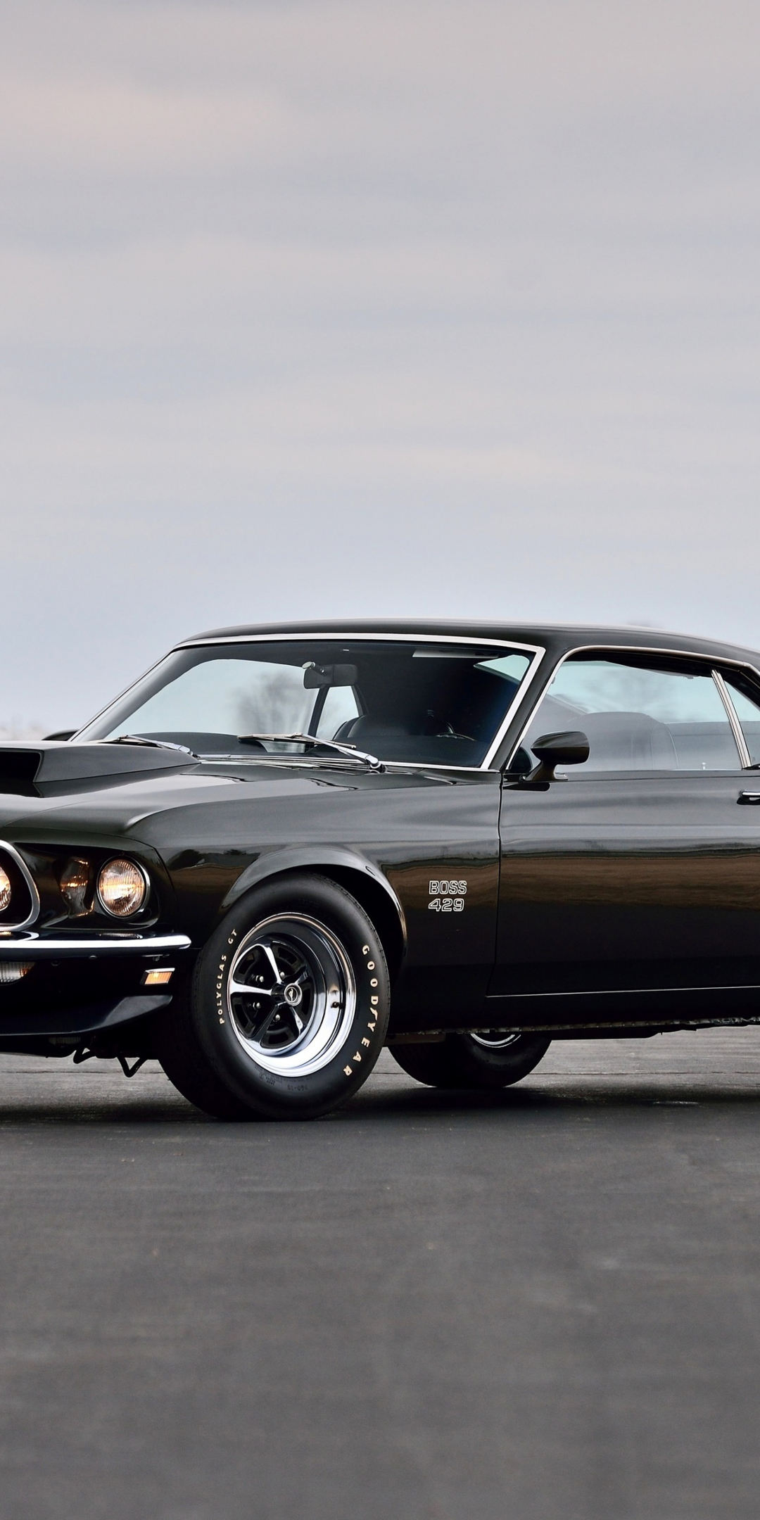 On road, 1969 Ford Mustang Boss 429, black, muscle car, 1080x2160 wallpaper