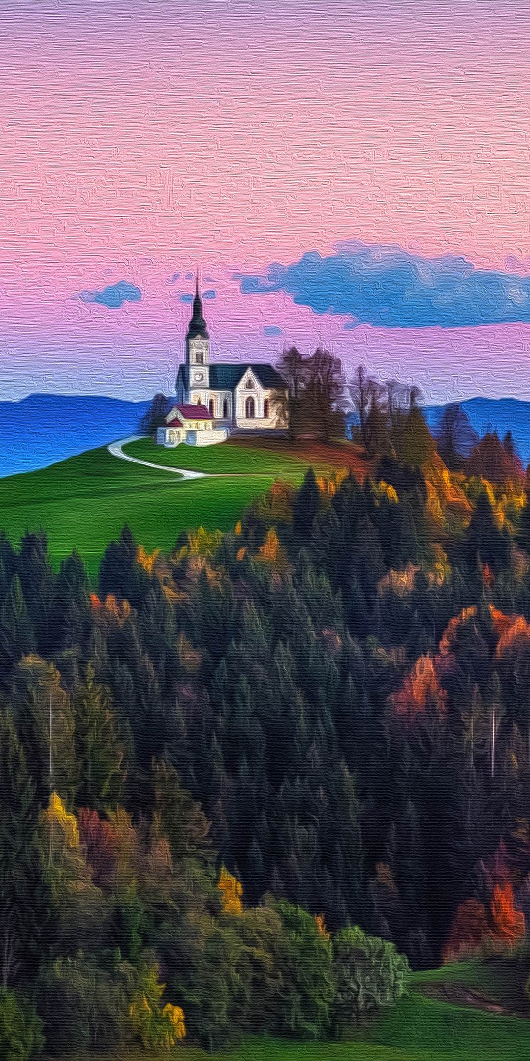 Castle, hill, forest, nature, art, 1080x2160 wallpaper