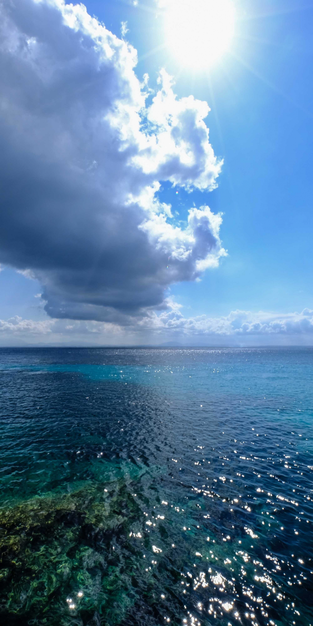 Blue sea, clouds, sunny day, 1080x2160 wallpaper