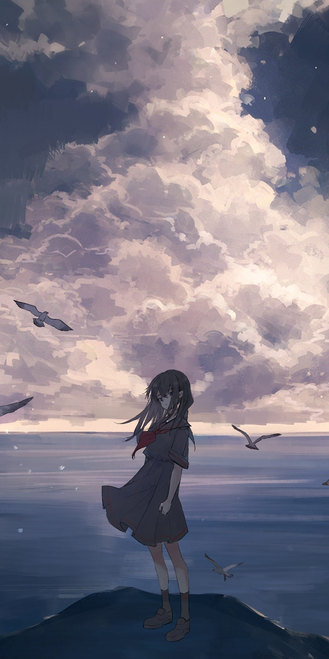 Birds and anime girl, seascape, 1080x2160 wallpaper