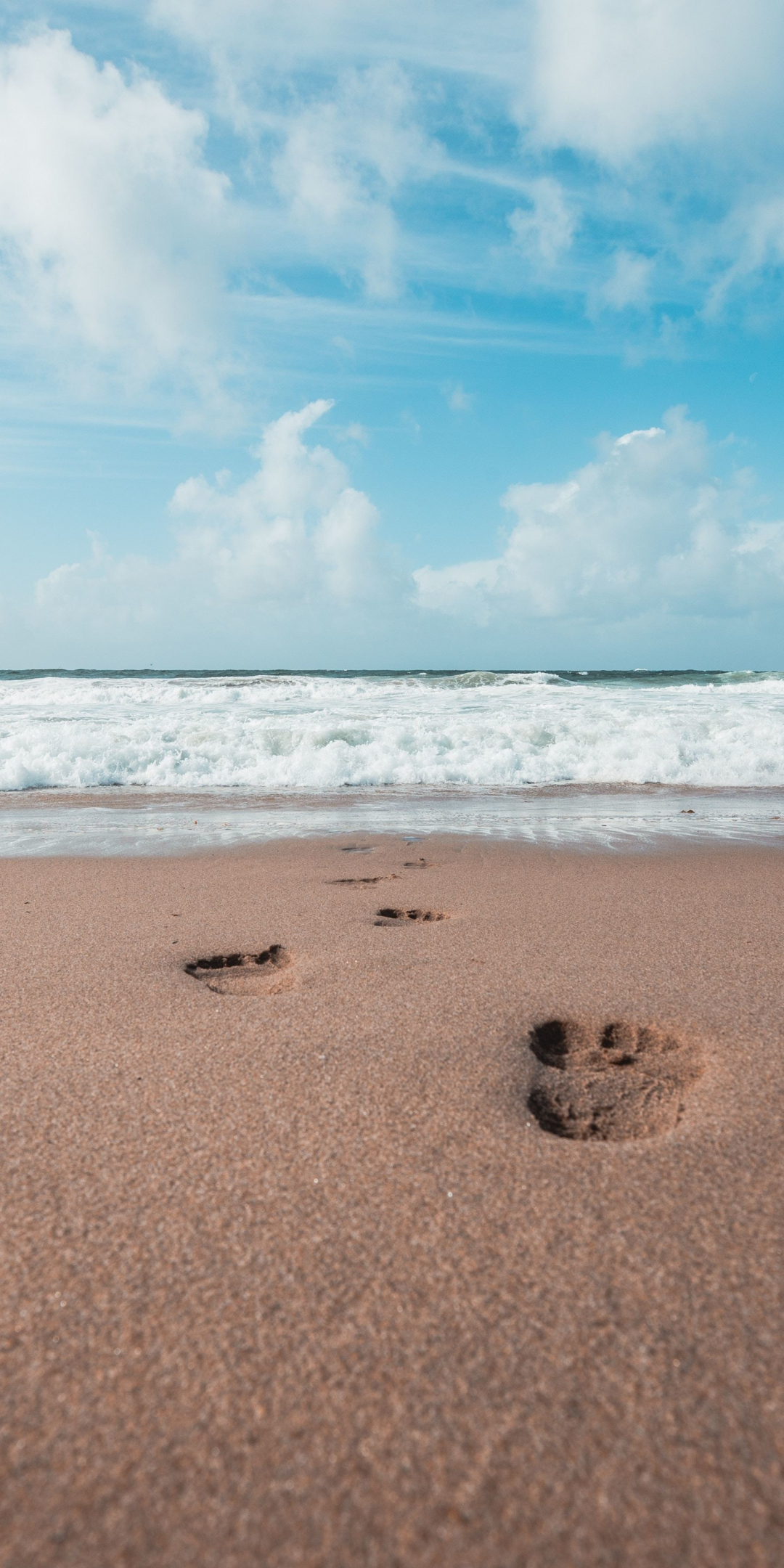 Foot marks, sand, close up, beach, 1080x2160 wallpaper