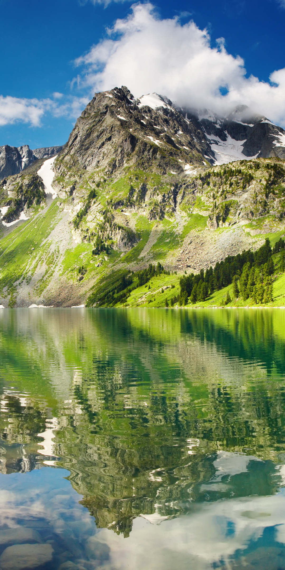 Green pretty mountains, nature, lake, sunny day, 1080x2160 wallpaper