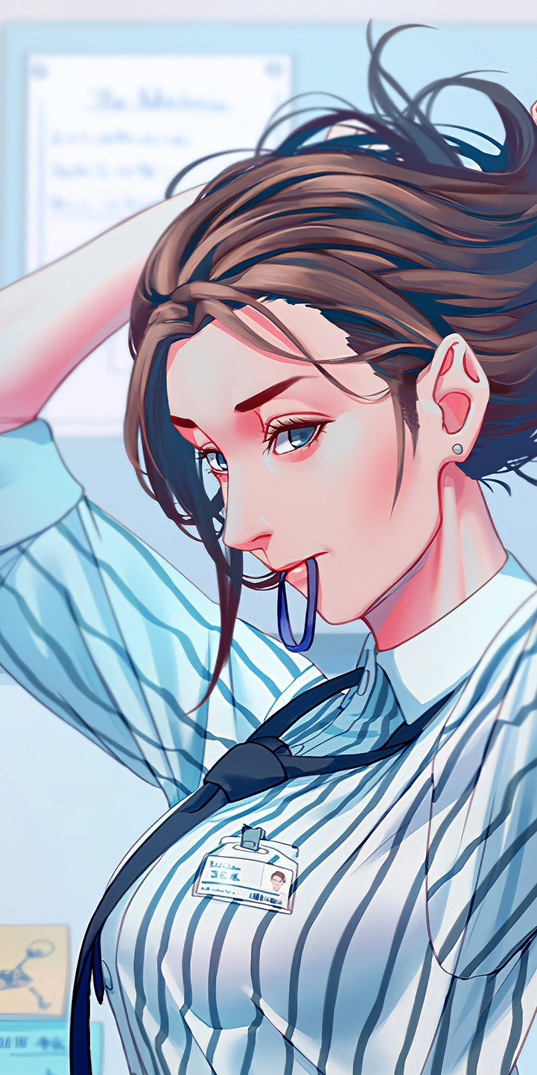 Office, anime girl, adjusting hairs, art, 1080x2160 wallpaper