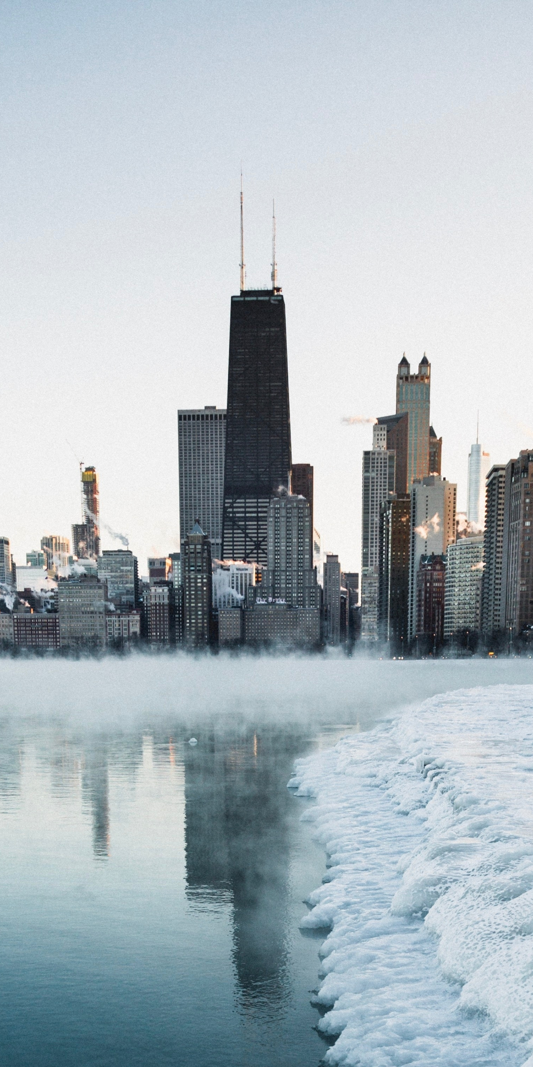 Winter, cityscape, frozen coast, lake, buildings, 1080x2160 wallpaper
