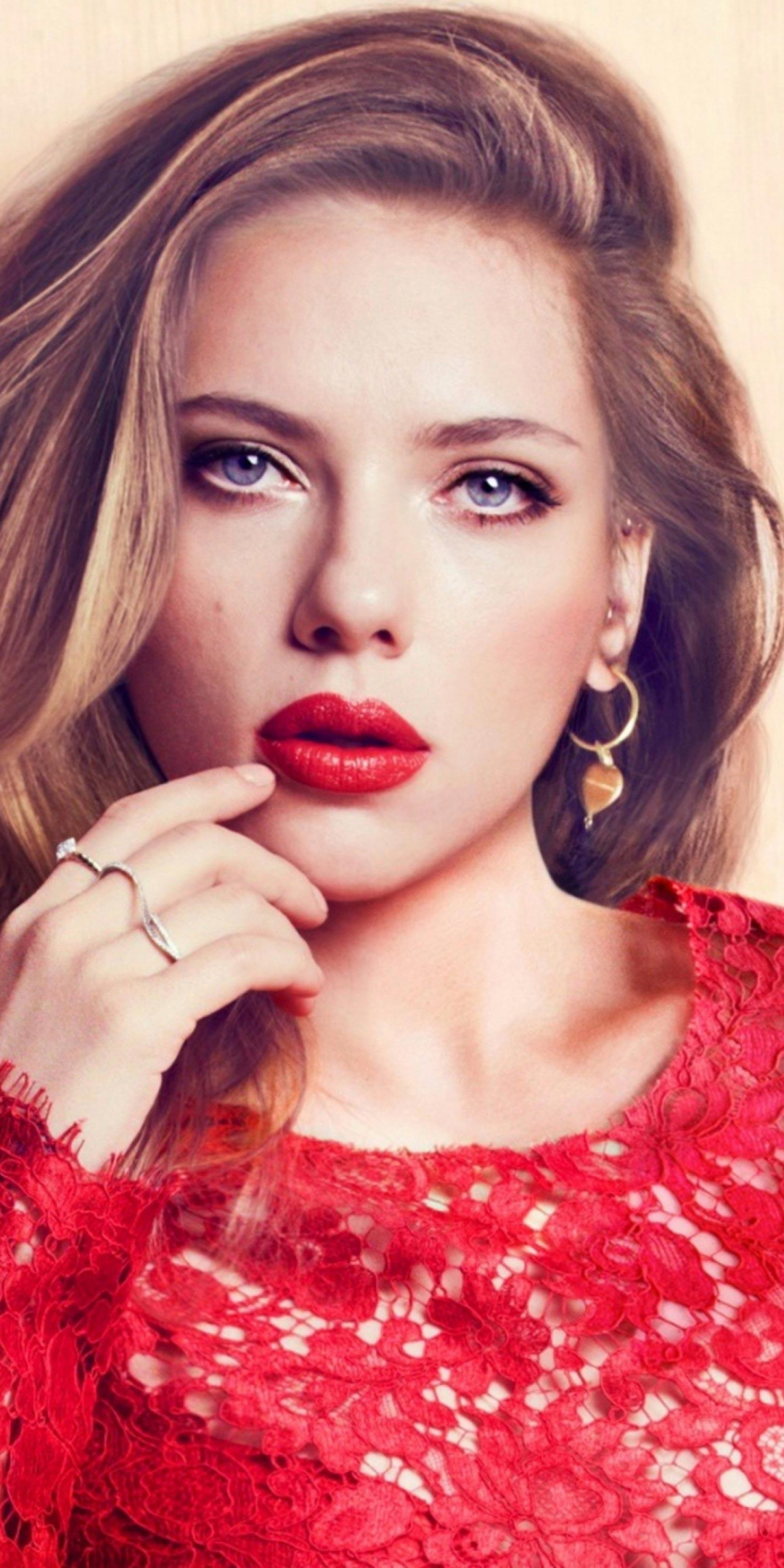 Scarlett Johansson, red lips, 1080x2160 wallpaper