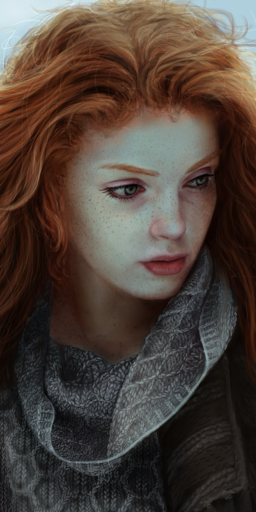 Red head, girl, long curly hair, art, 1080x2160 wallpaper