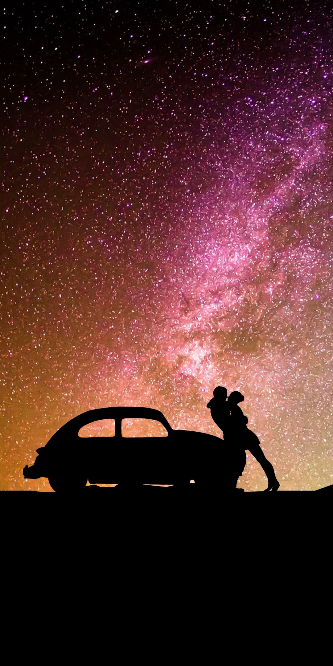Silhouettes, couple, car, milky way, hug, 1080x2160 wallpaper