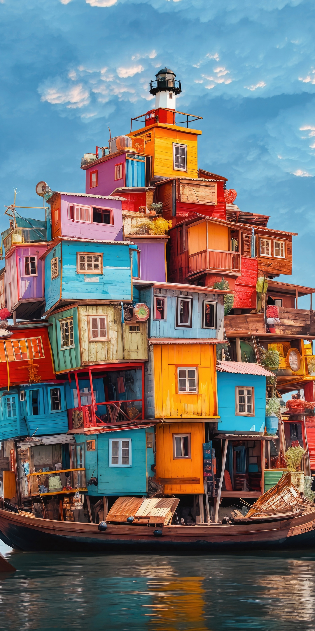 Boat with houses, colorful, art, 1080x2160 wallpaper