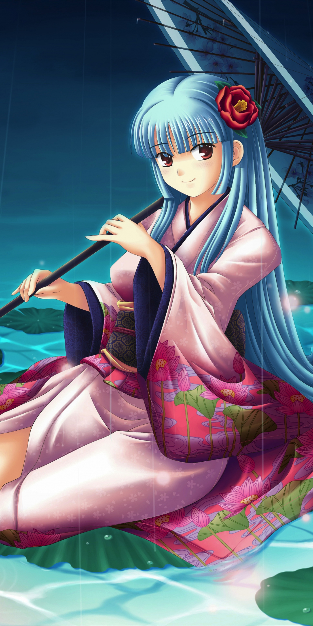 Pond, lake, flowers, anime girl, rain, umbrella, 1080x2160 wallpaper