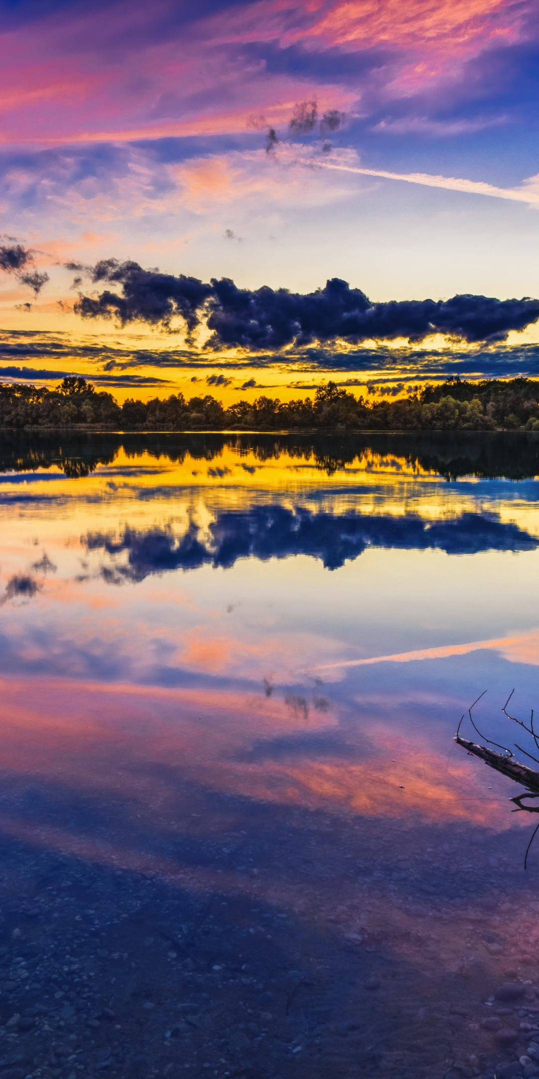 Lake, sunset, reflections, colorful sky, nature, 1080x2160 wallpaper