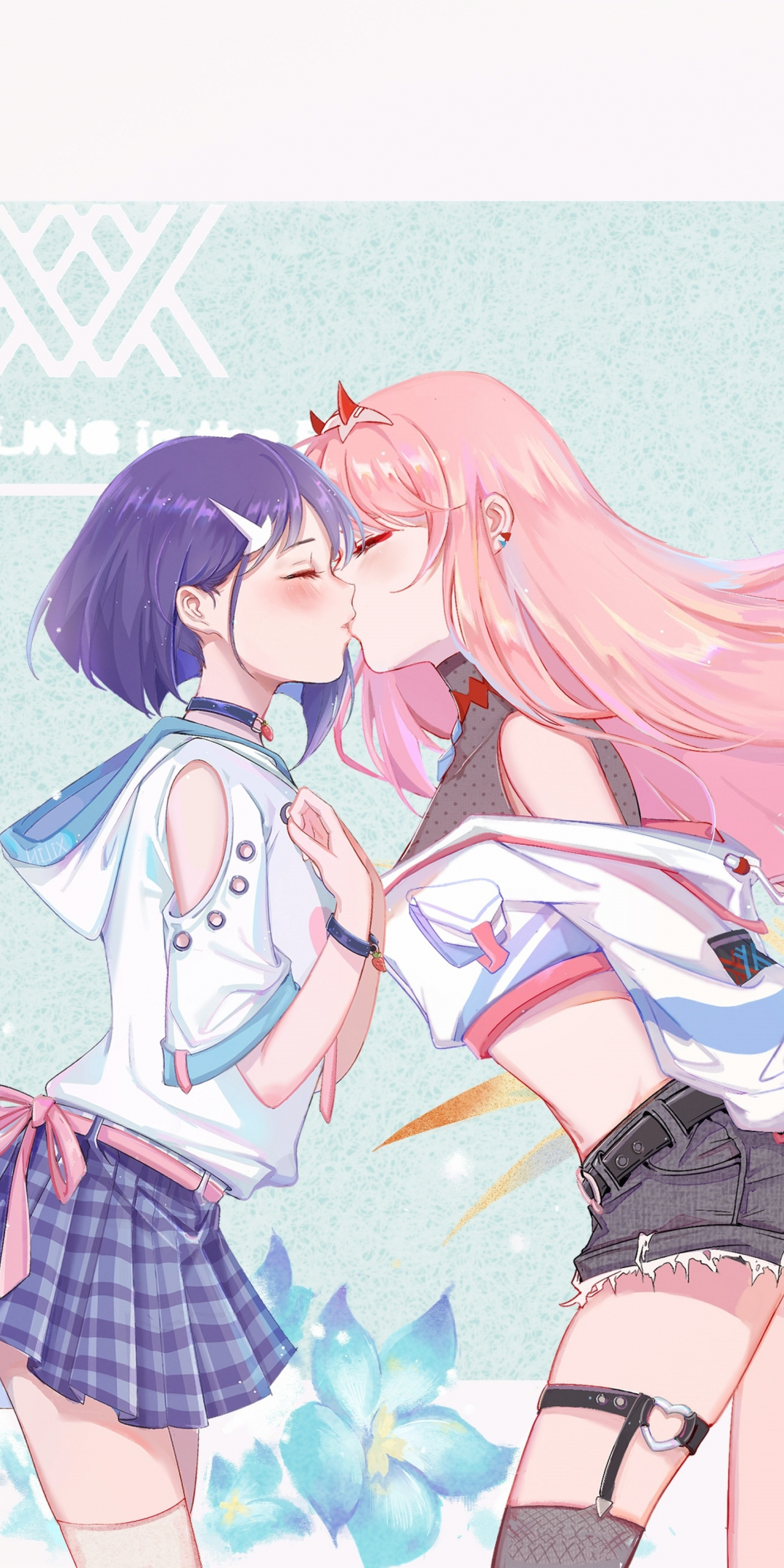 Ichigo and zero two, kiss, anime girls, artwork, 1080x2160 wallpaper
