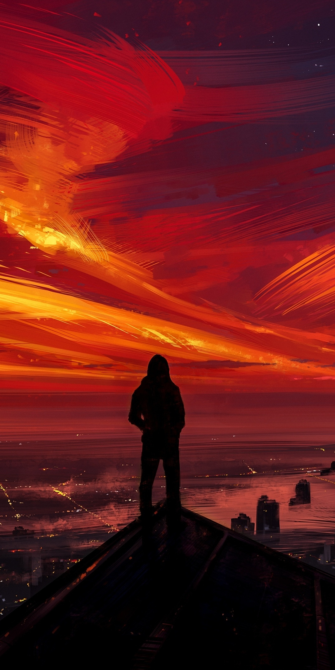 Man, sunset, skyline, silhouette, art, 1080x2160 wallpaper