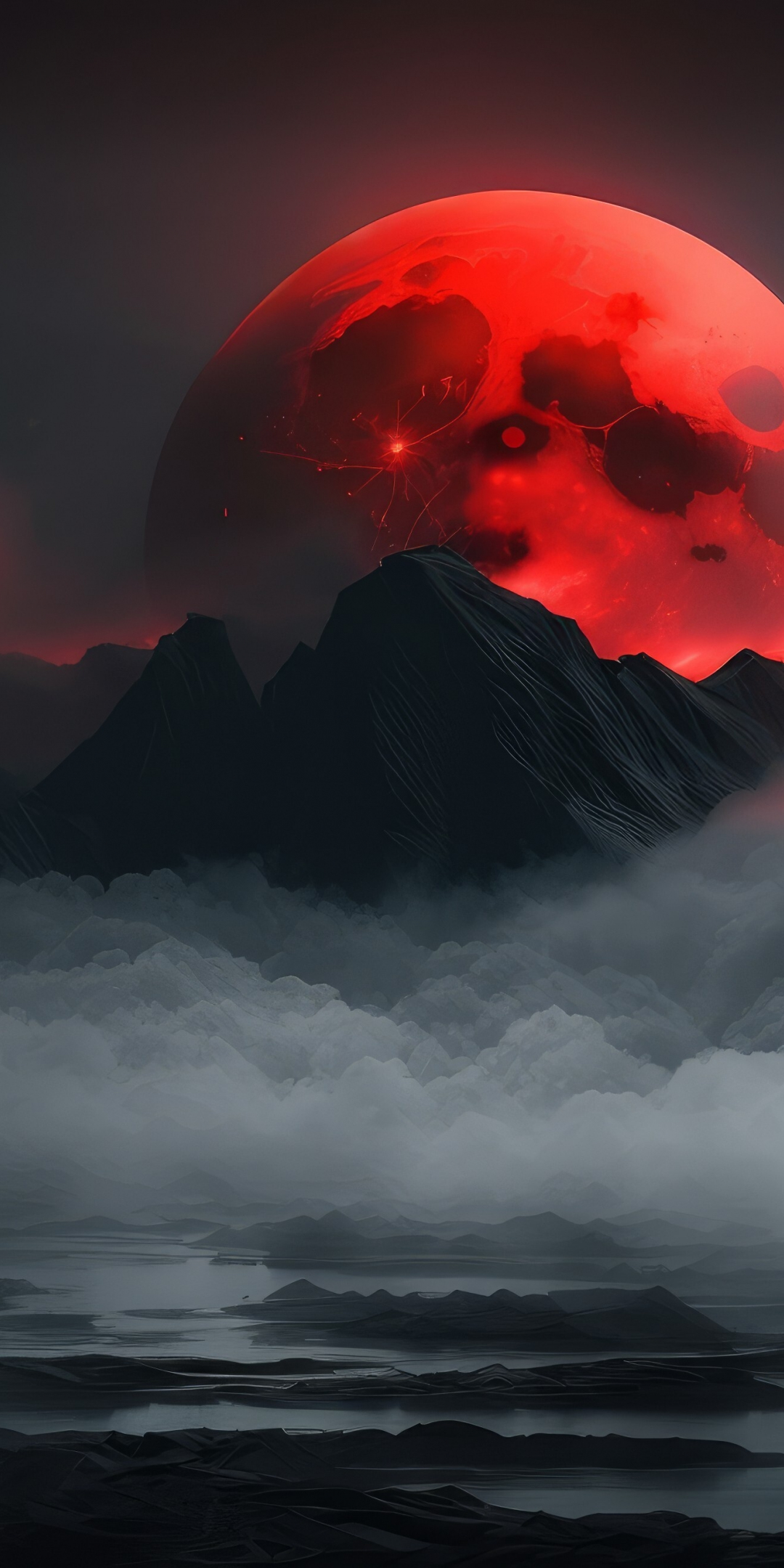 Red moon and dark mountains, art, 1080x2160 wallpaper